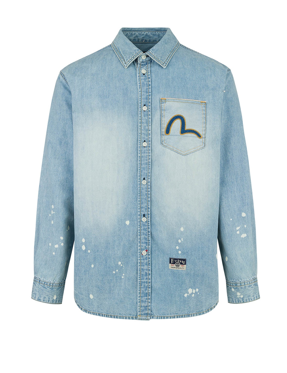 Inserted Seagull Embroidery Relax Fit Denim Shirt - 8