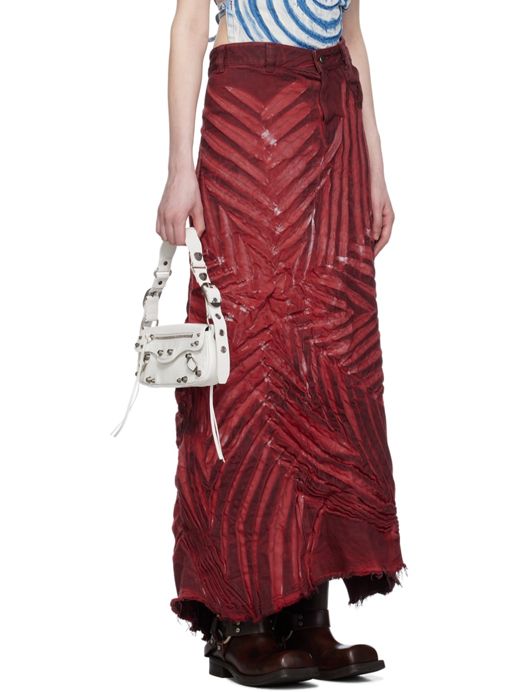 Red Creased Denim Maxi Skirt - 2