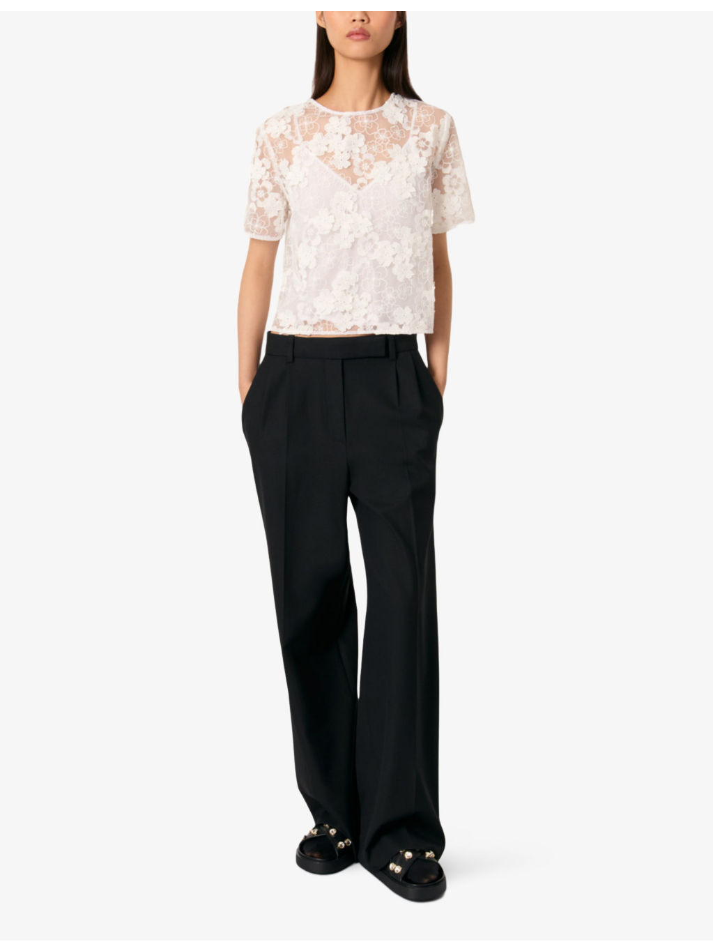 Flower-embroidered short-sleeve woven top - 2