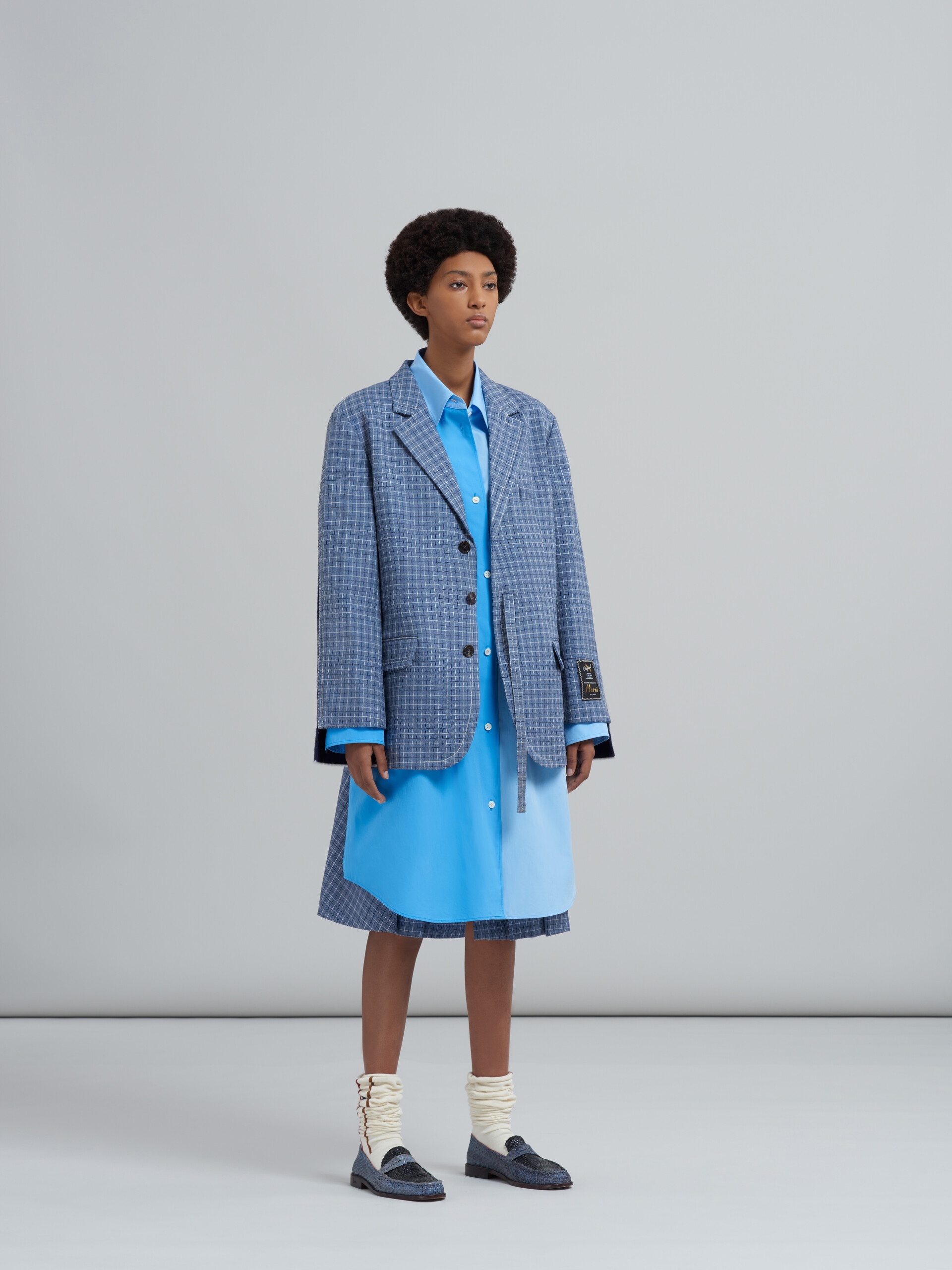 CHECK WOOL TWILL BLAZER JACKET WITH KNIT INSERTS - 6