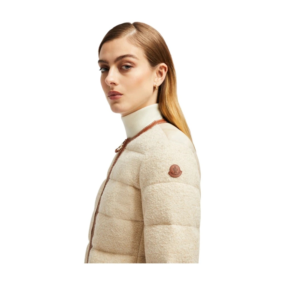 Moncler BEIGE SHORT DOWN JACKET WITH LEATHER TRIM | miinto