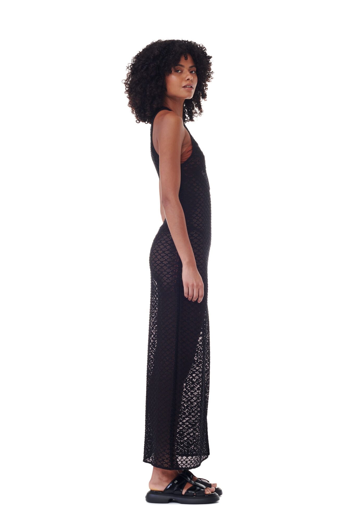 BLACK MESH LACE LONG DRESS - 4