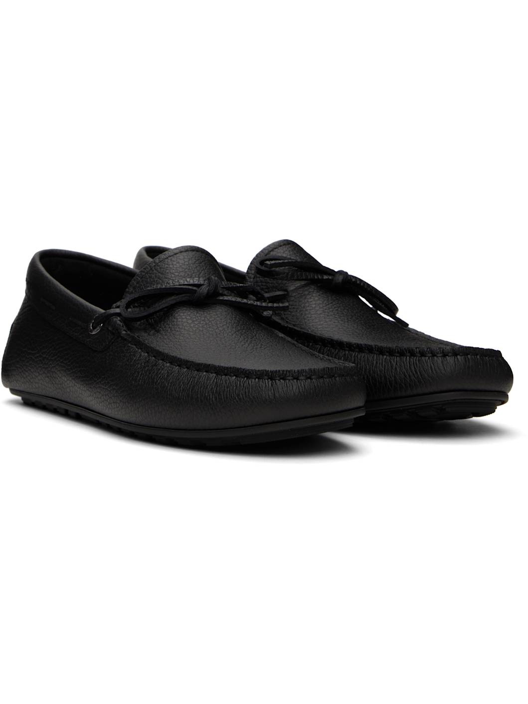 Black Grained-Leather Driver Sole Loafers - 4