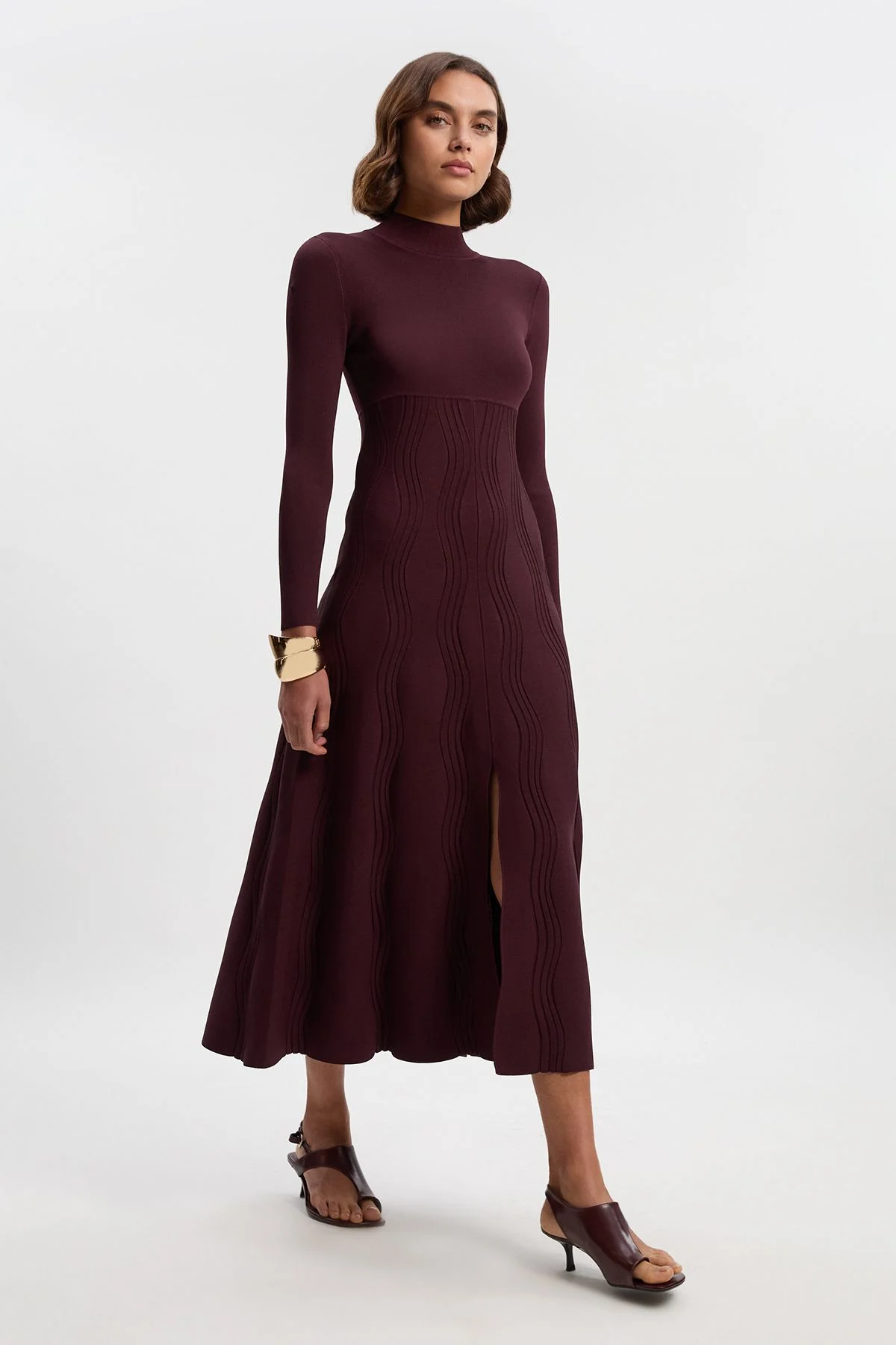 Contrast Wave Knit A-Line Knitted Long Sleeve Dress - 1