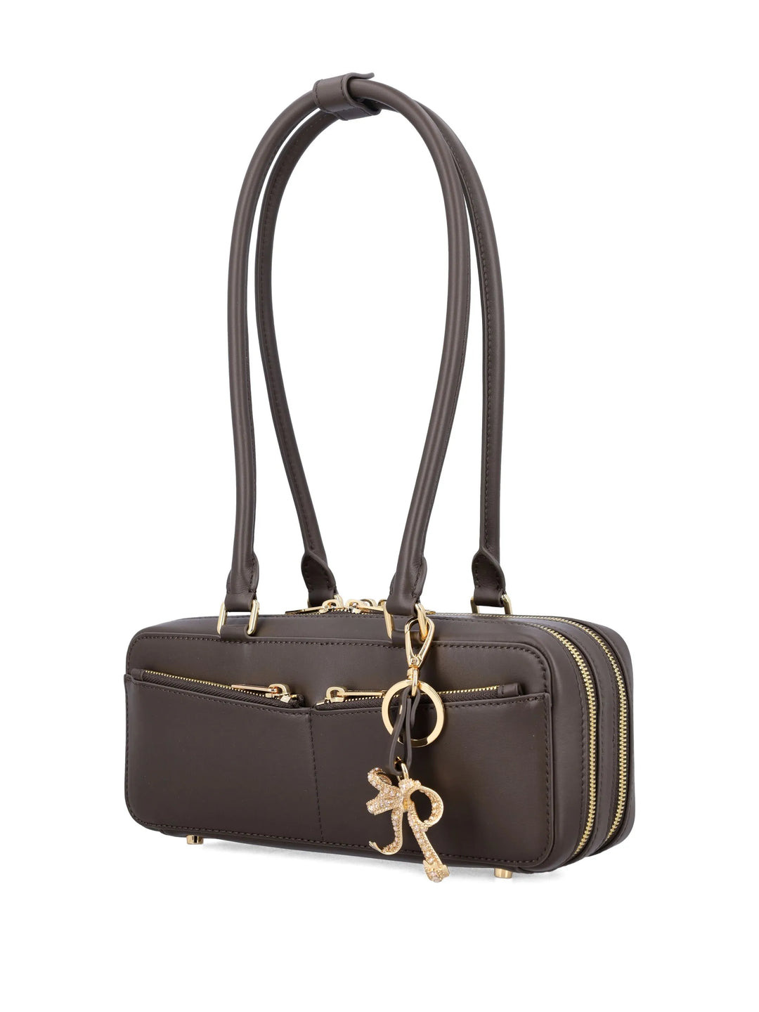Brown Leather Baguette Shoulder Bag With Charm - 3