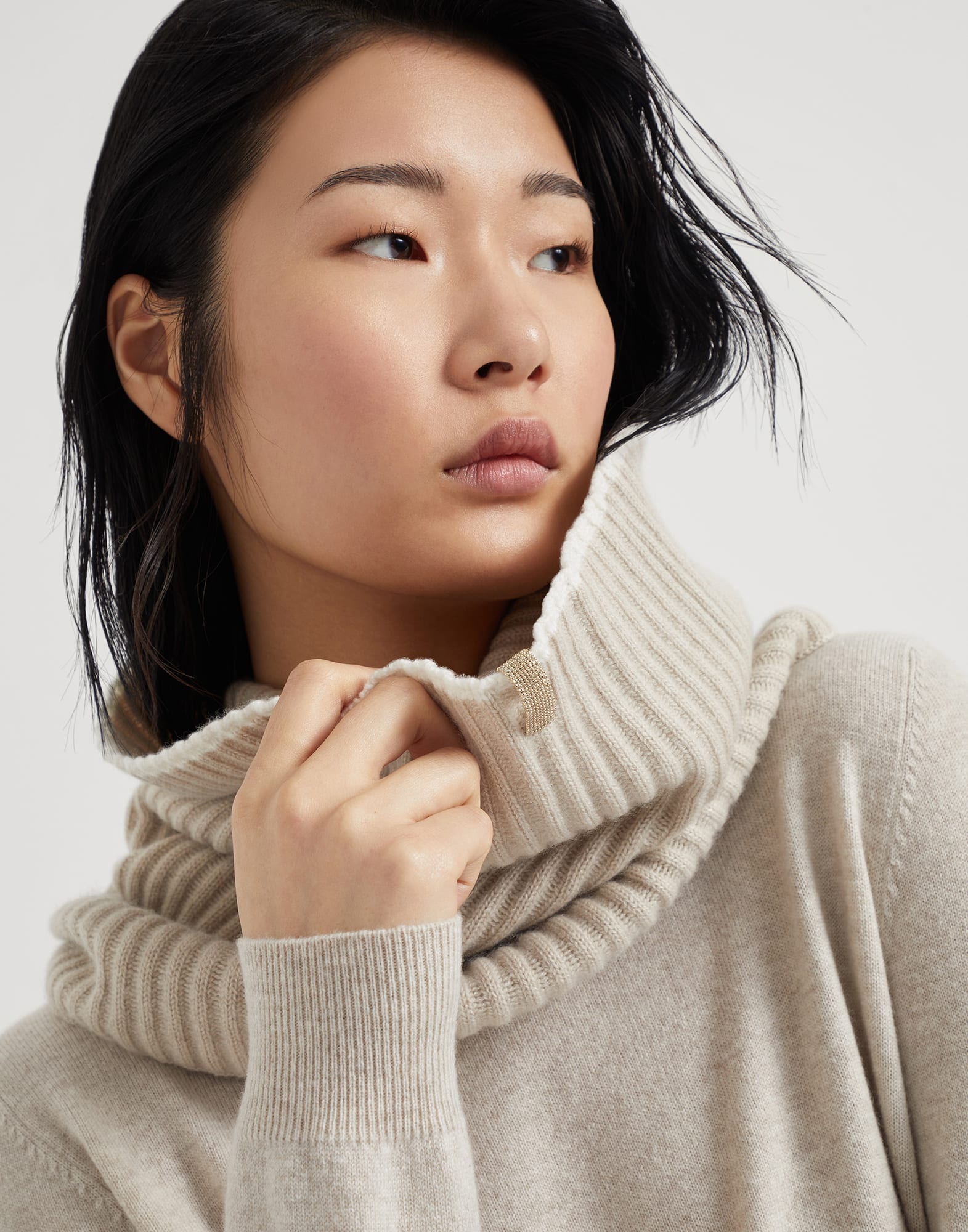Cashmere rib knit neck warmer with monili - 3