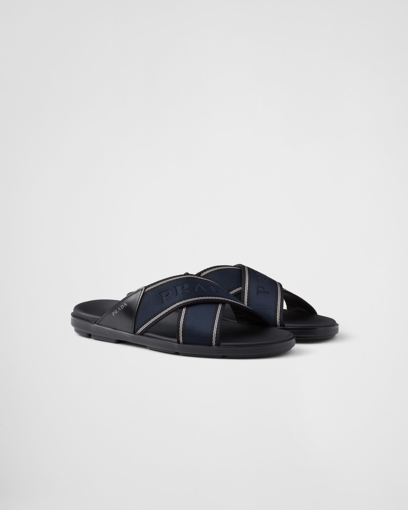 Brushed leather and Re-Nylon tape crisscross slides 1