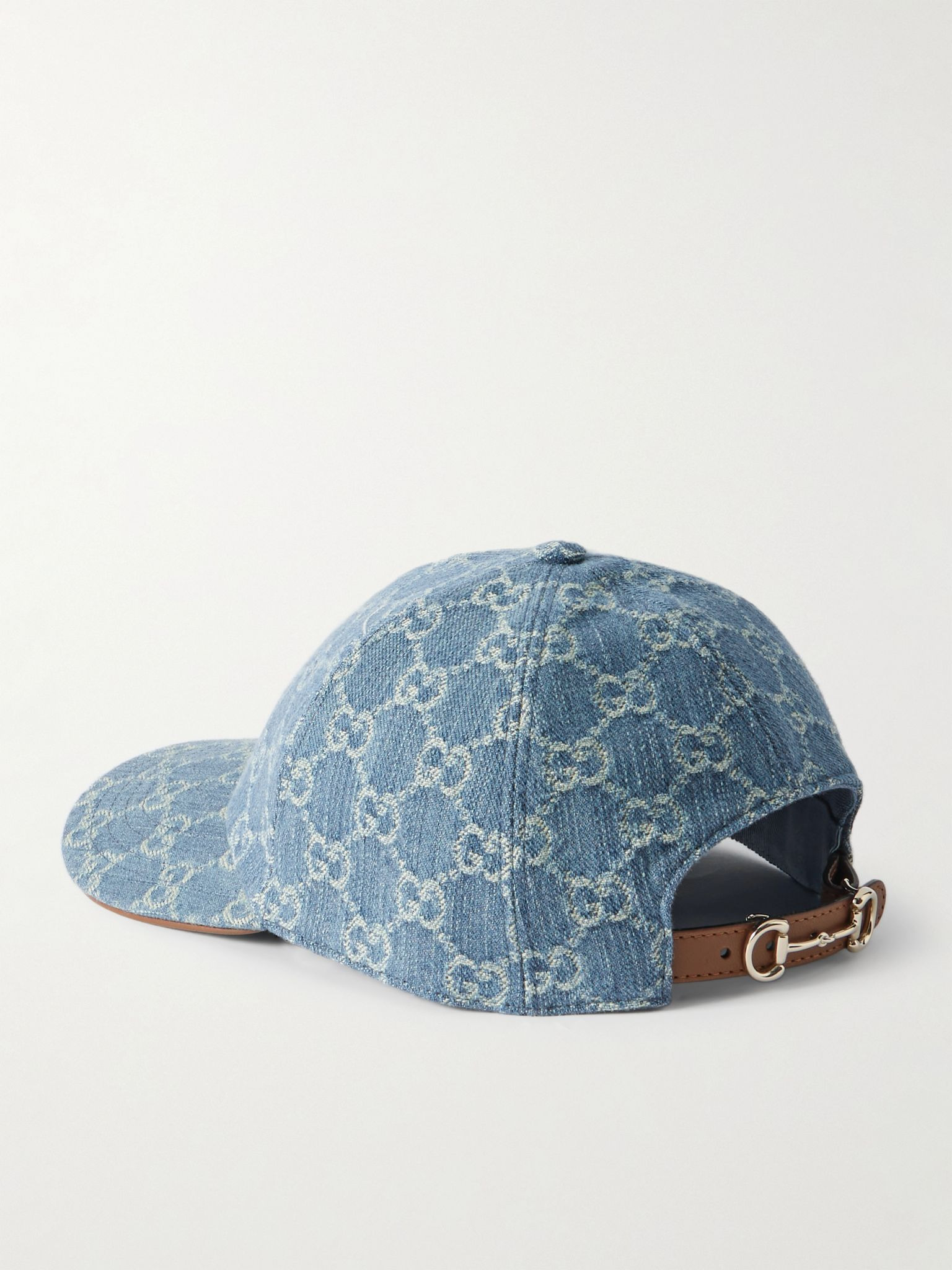 Horsebit-detailed leather-trimmed denim baseball cap Blue - 3