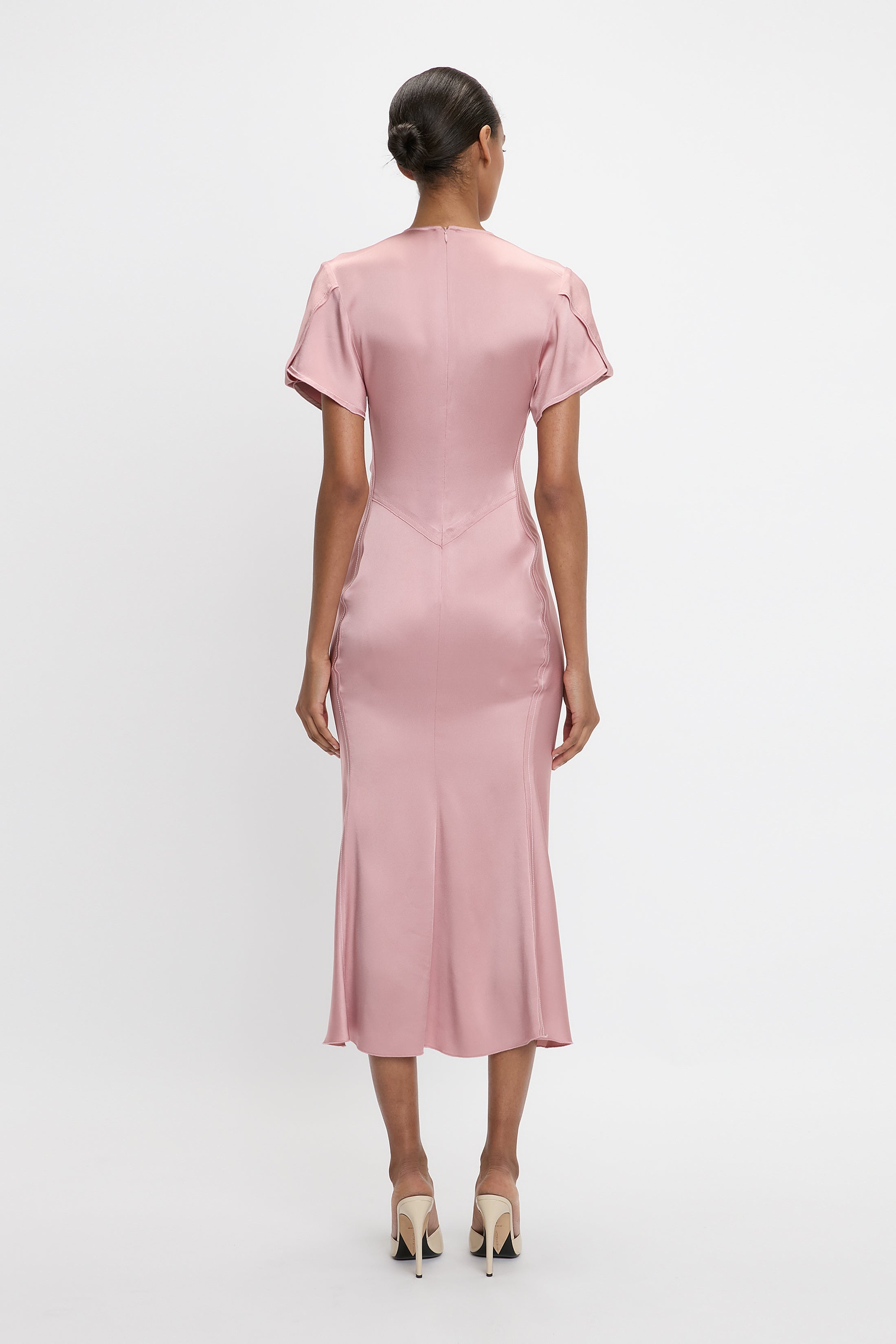 Gathered V-Neck Midi Dress In Peony - 4