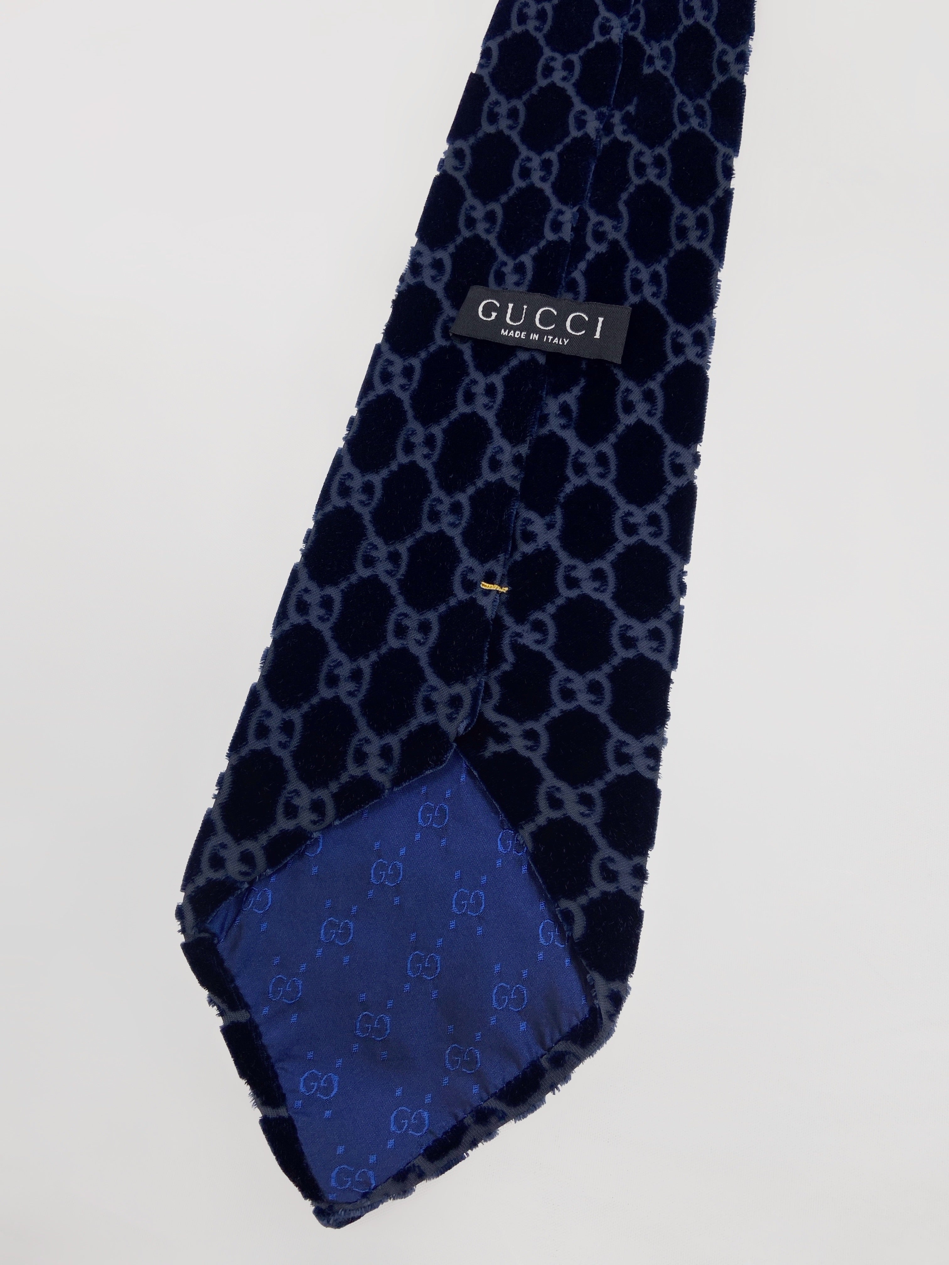 Gucci Fall 1997 Tom Ford Navy Monogrammed Velvet Silk Tie - 11