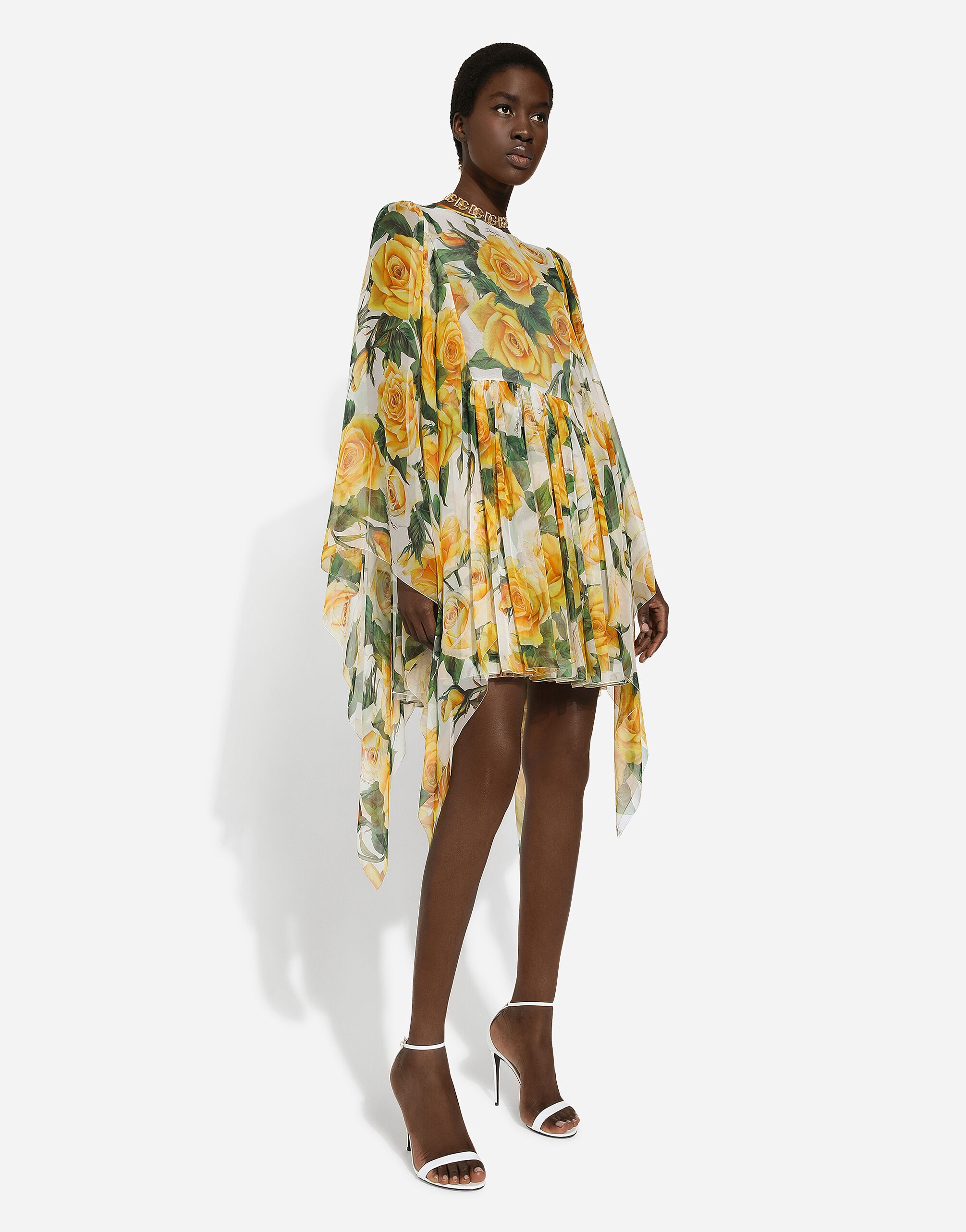 Short silk chiffon dress with yellow rose print - 5