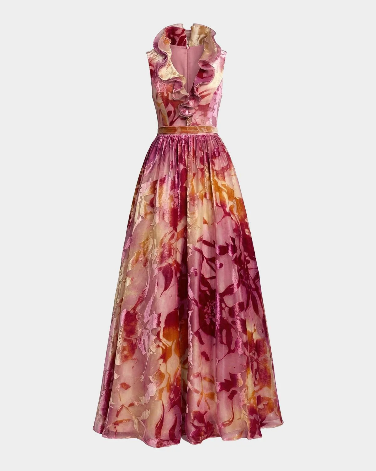 Floral Burnout Organza Velvet Gown - 1