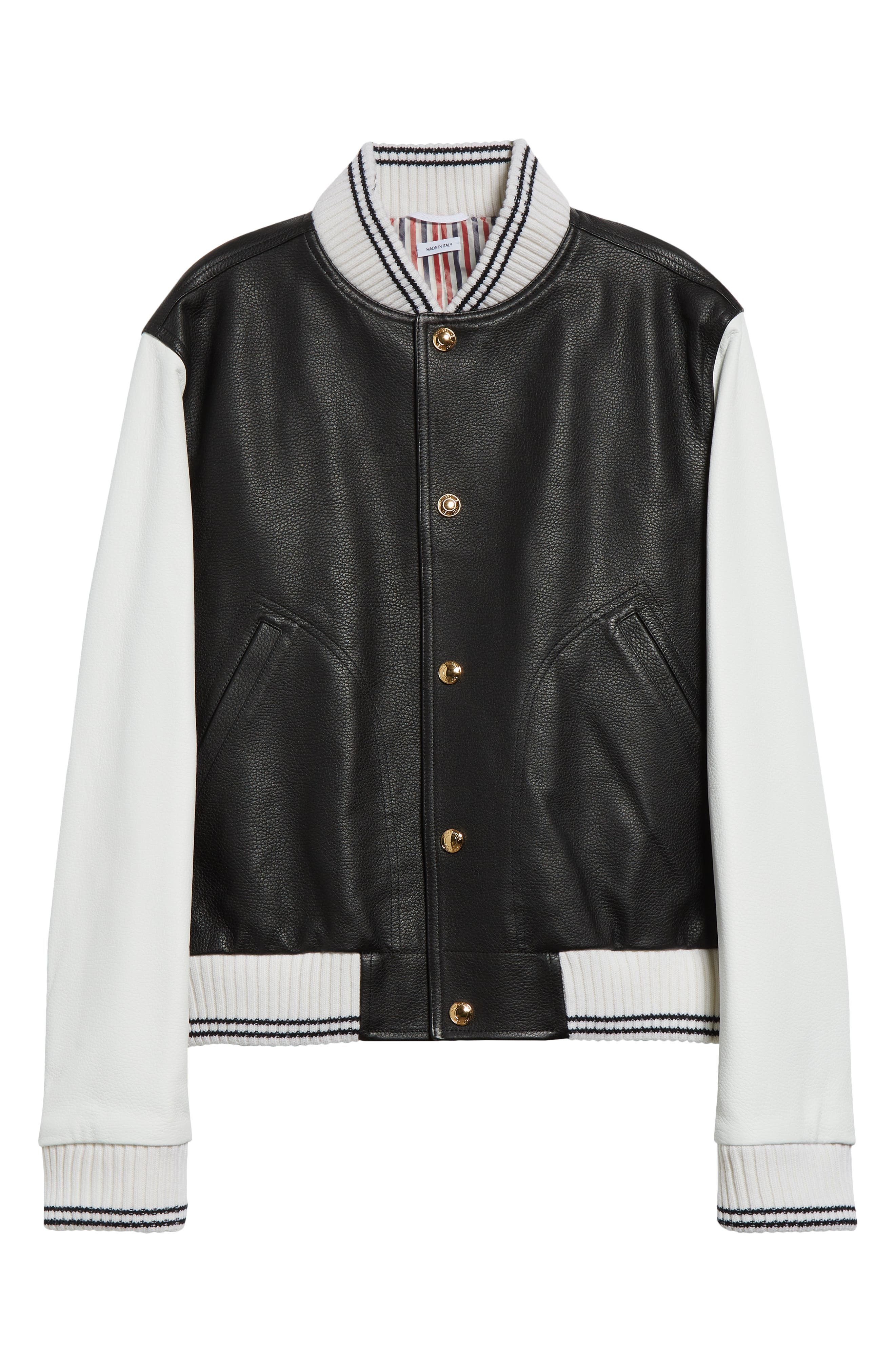 Thom Browne Mixed Media Leather & Wool Bomber Jacket in Black at Nordstrom - 7