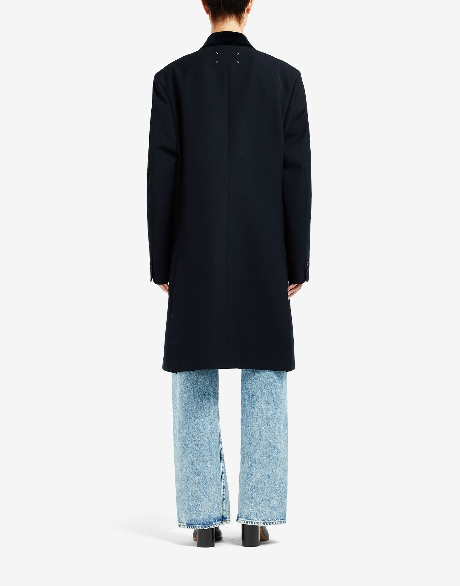 Tricotine Coat with Velvet Collar and Side Pocket - 4