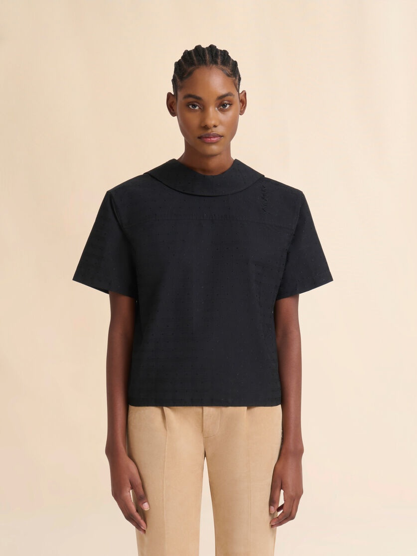 BLACK COTTON-VISCOSE BACK-TO-FRONT SHIRT TOP WITH CHECK AND DOTS JACQUARD MOTIF - 2
