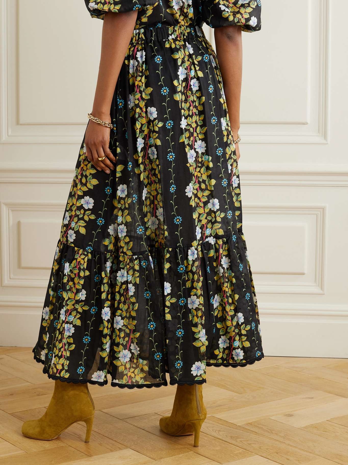 Belted scalloped floral-print cotton-voile maxi skirt - 3