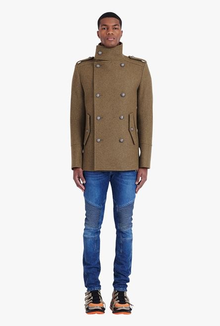 Light khaki wool military pea coat with double-breasted silver-tone buttoned fastening - 4