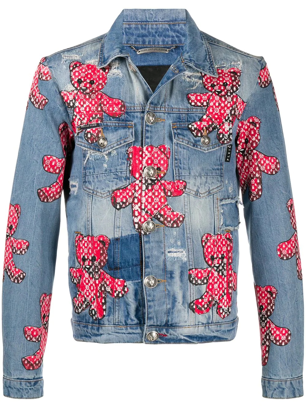 teddy bear print denim jacket  - 1