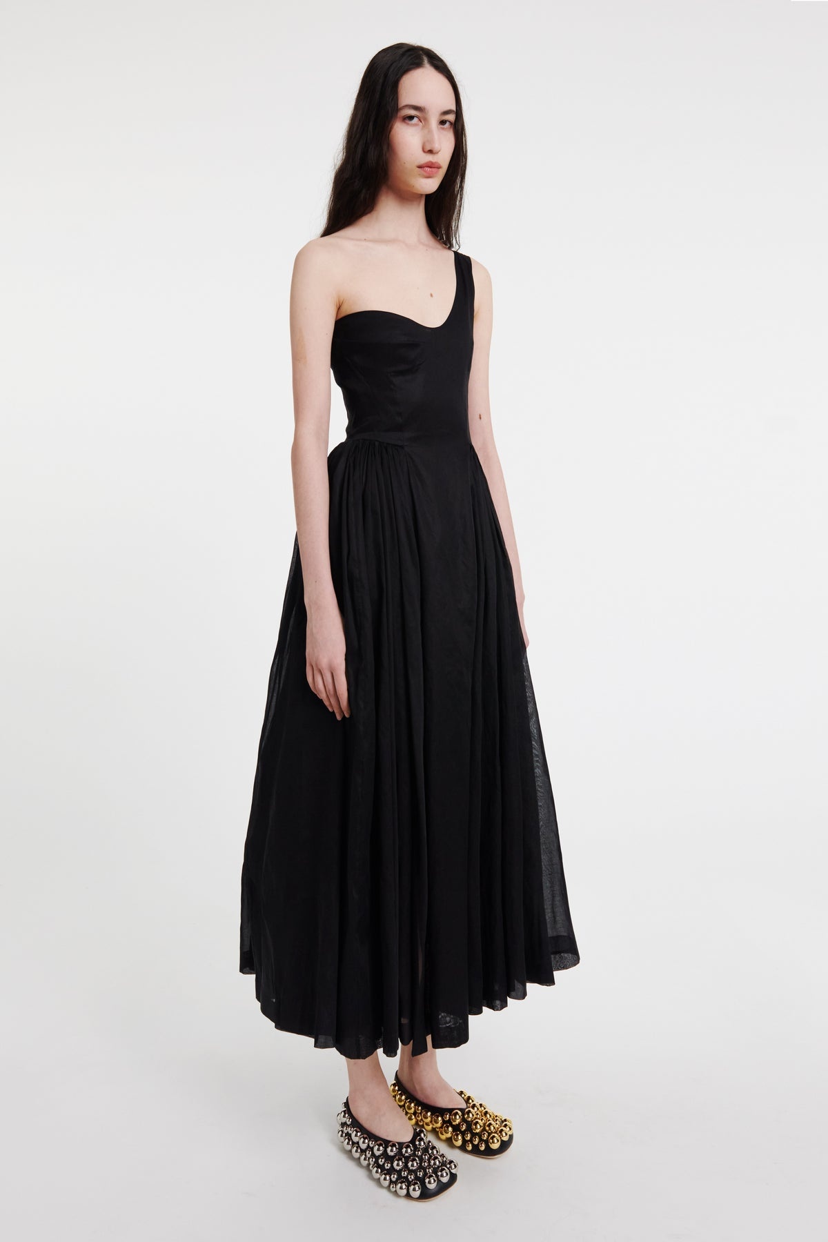 ASYMMETRIC OFF-SHOULDER DRESS WITH GATHERED SKIRT BLACK - 3