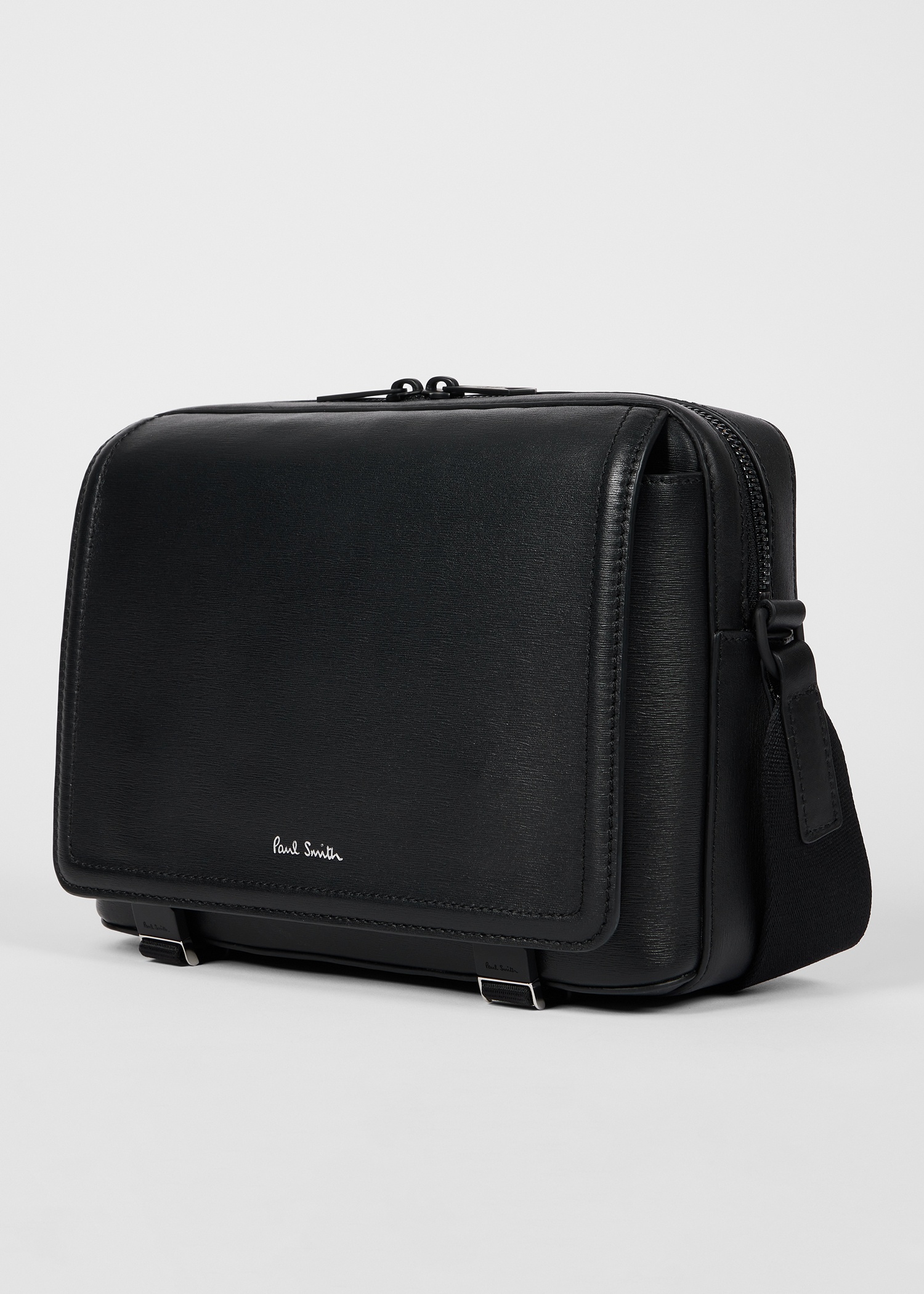 Black Straw-Grain Embossed Leather Messenger Bag - 2