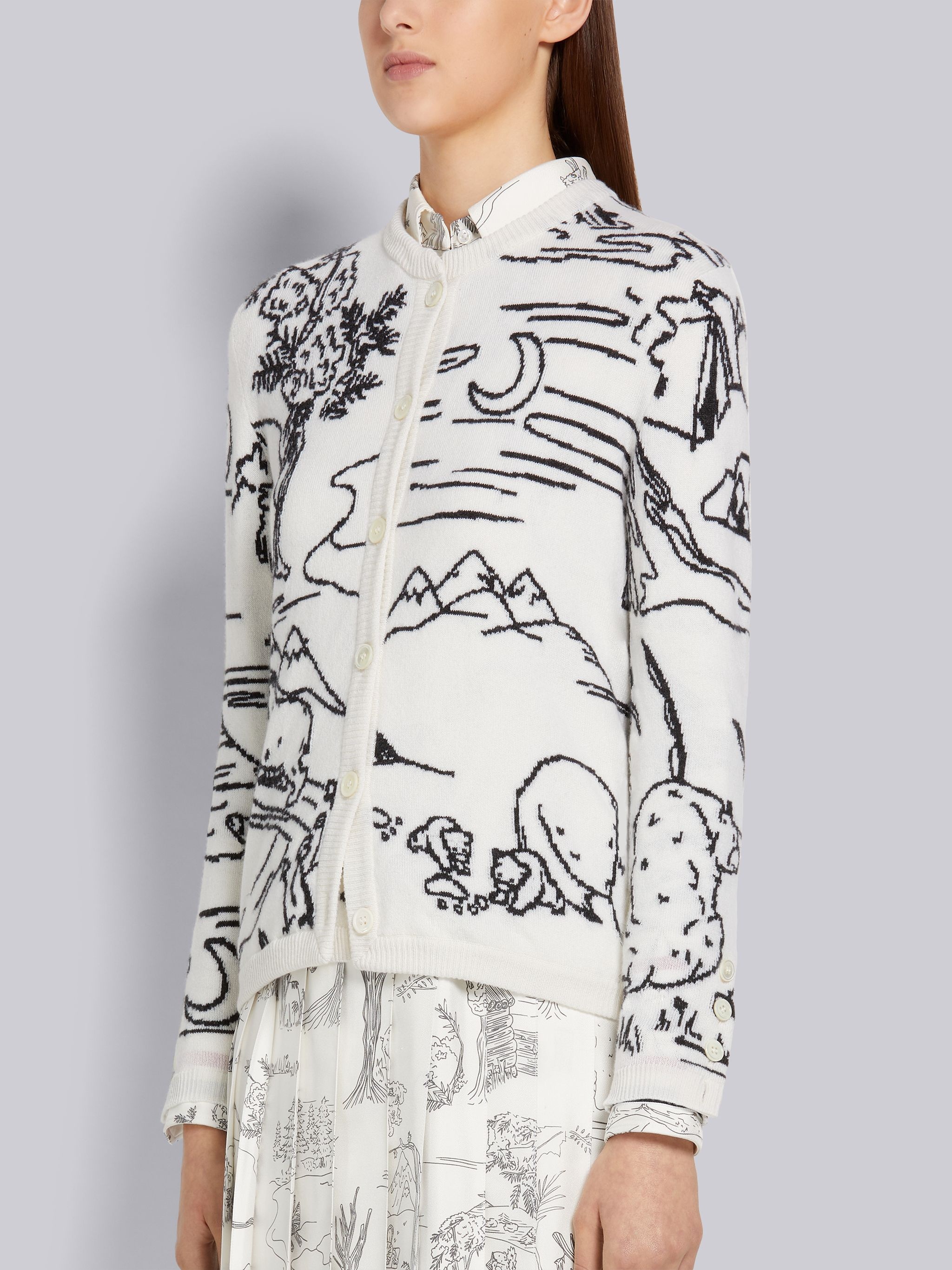 White Animal Camp Toile Intarsia Cashmere Crew Neck Cardigan Jacket - 2