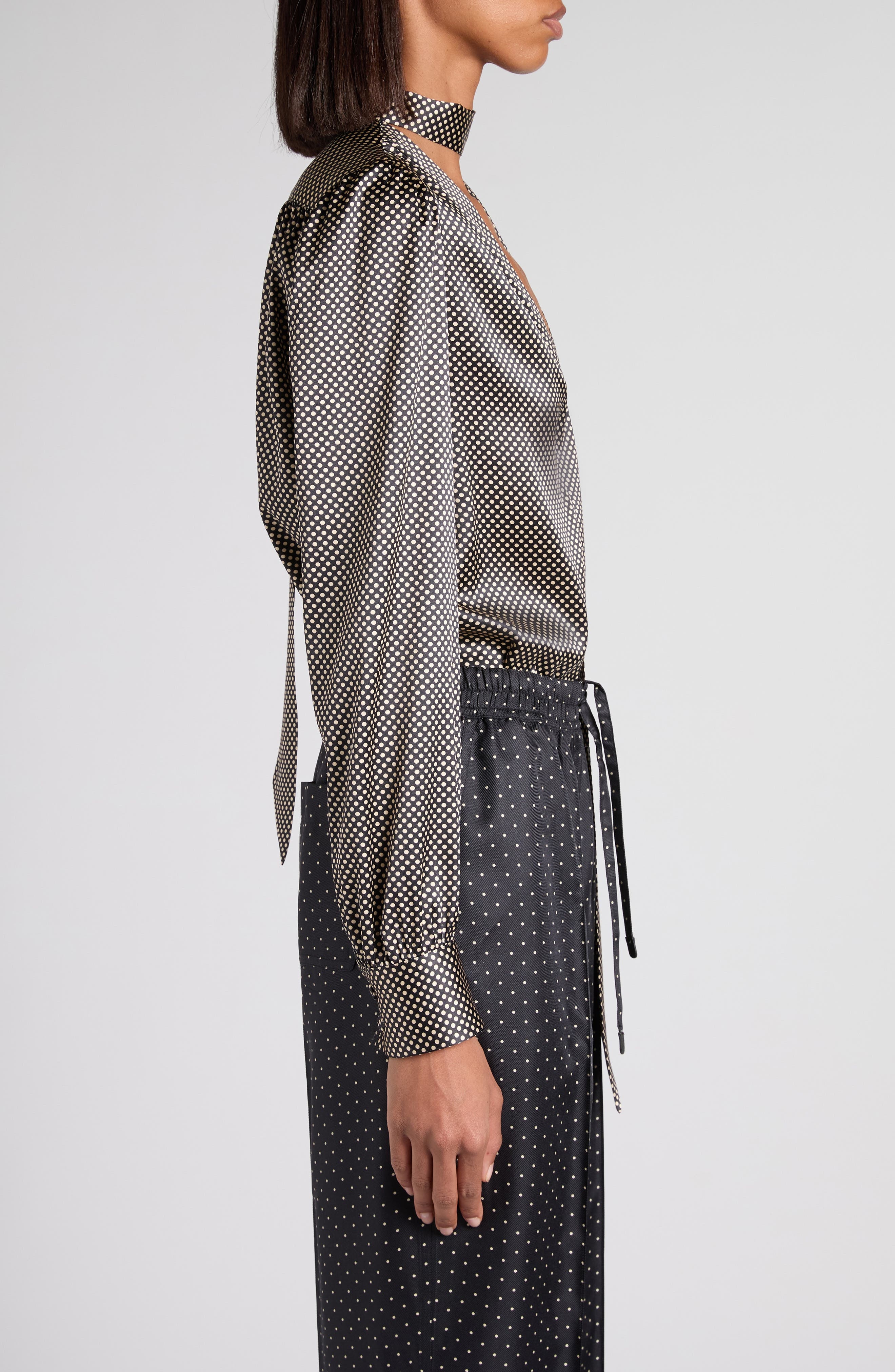 TOM FORD Polka Dot Stretch Silk Lavalliere Button-Up Shirt in Zblaw Black/White at Nordstrom - 4