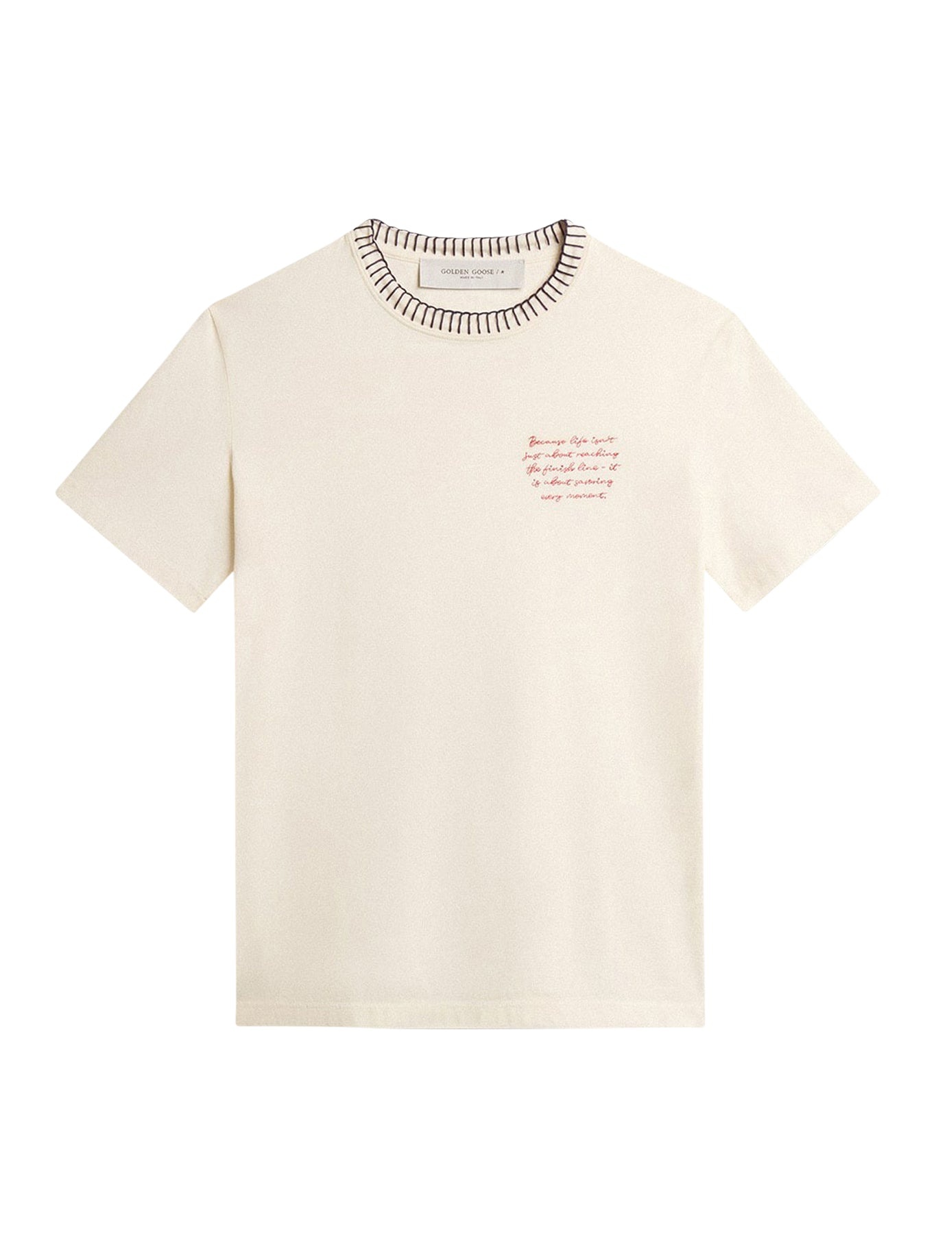 WOMEN`S WORN-WHITE COTTON T-SHIRT WITH HAND EMBROIDERY - 1