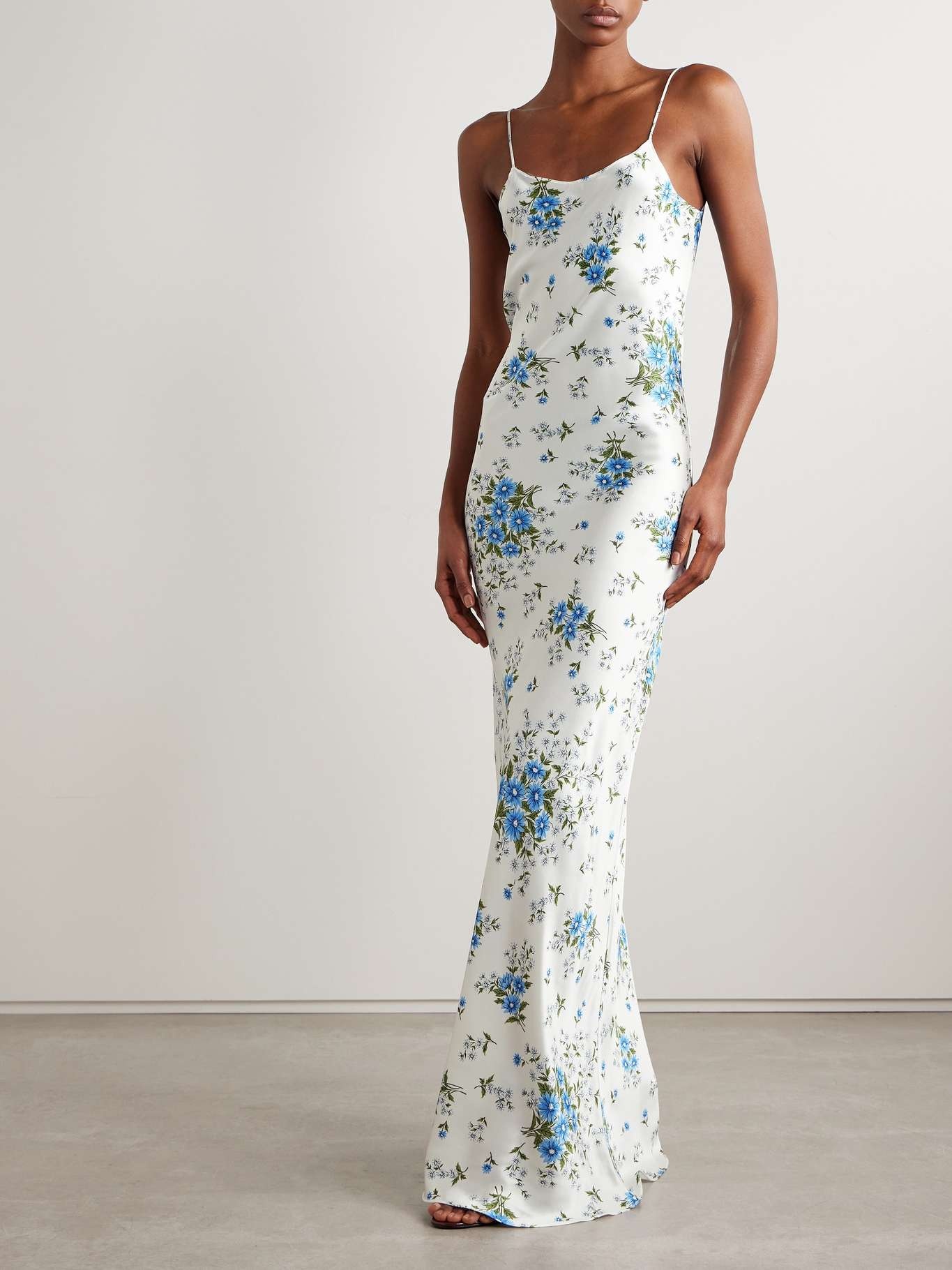 Embellished floral-print silk-satin maxi dress Blue - 3