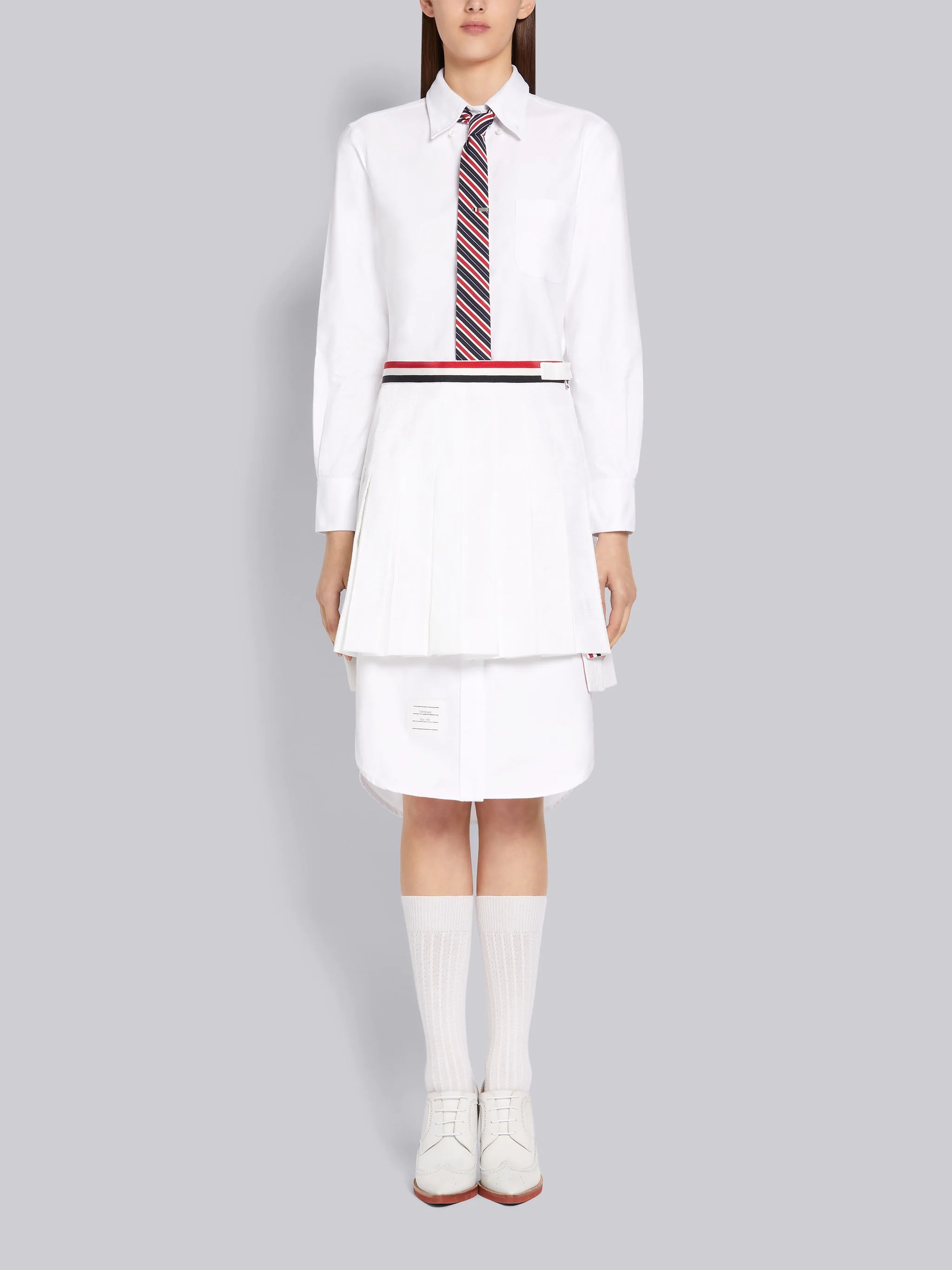 White Cotton Seersucker Grosgrain Combo Pleat Mini Pleated Skirt - 4