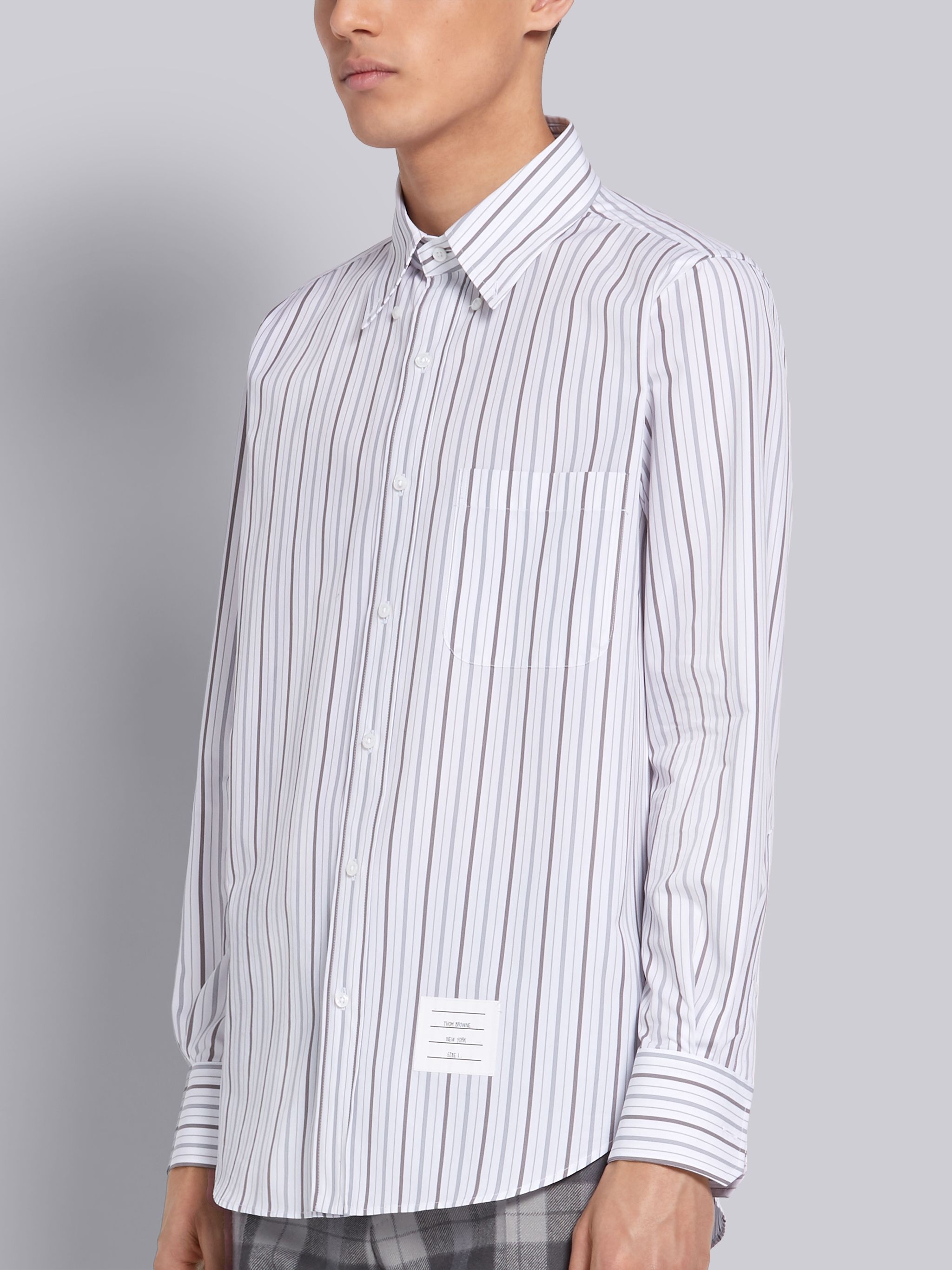 Medium Grey Cotton Poplin Stripe Straight Fit Long Sleeve Shirt - 2