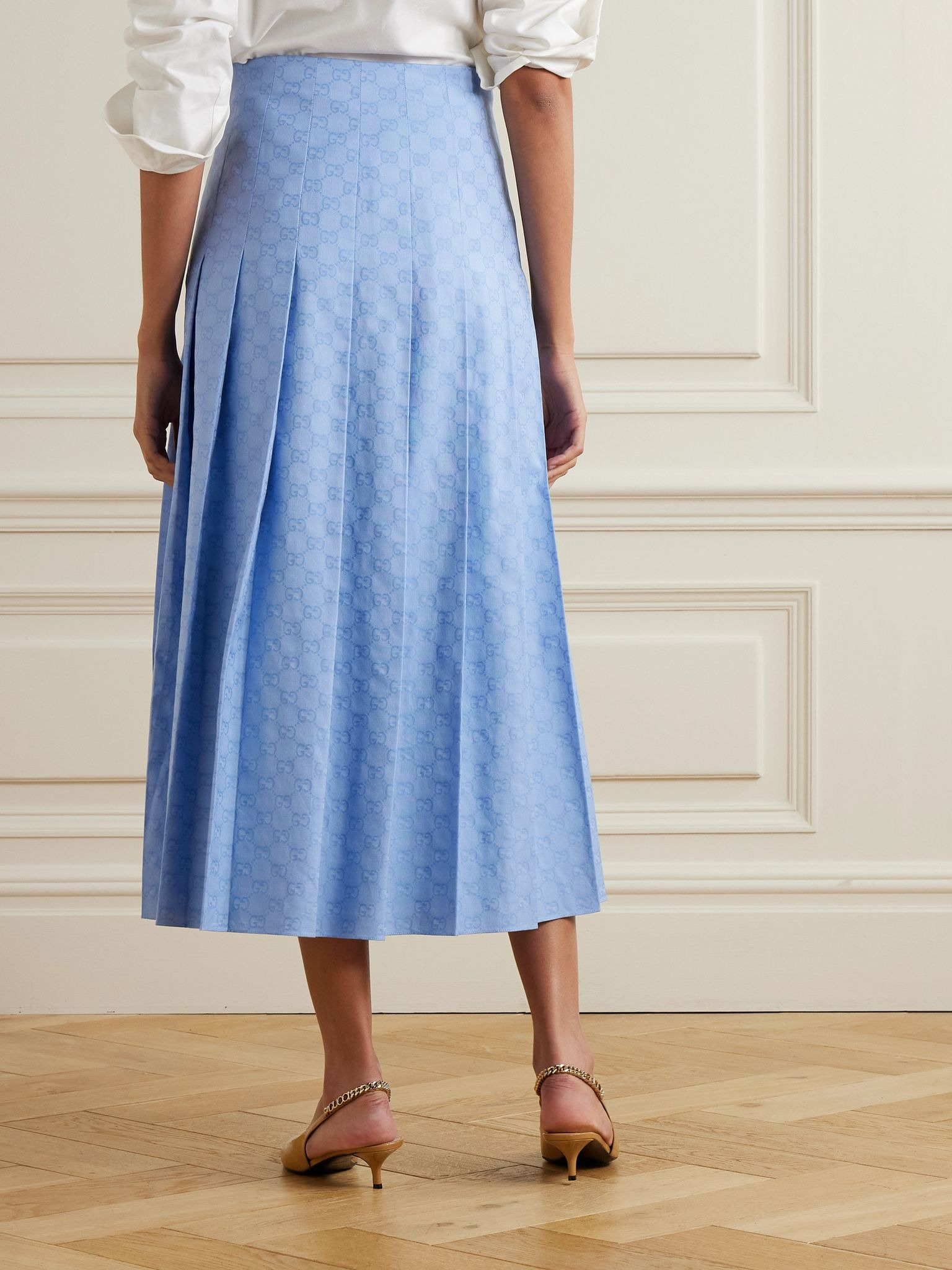 Pleated cotton Oxford-jacquard midi skirt Blue - 3