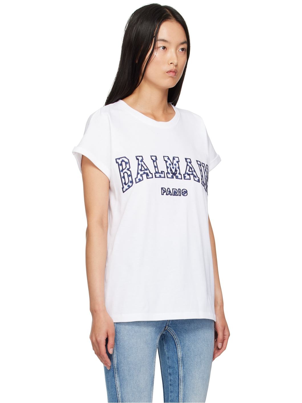 White Gingham Balmain Paris Lettering T-Shirt - 2