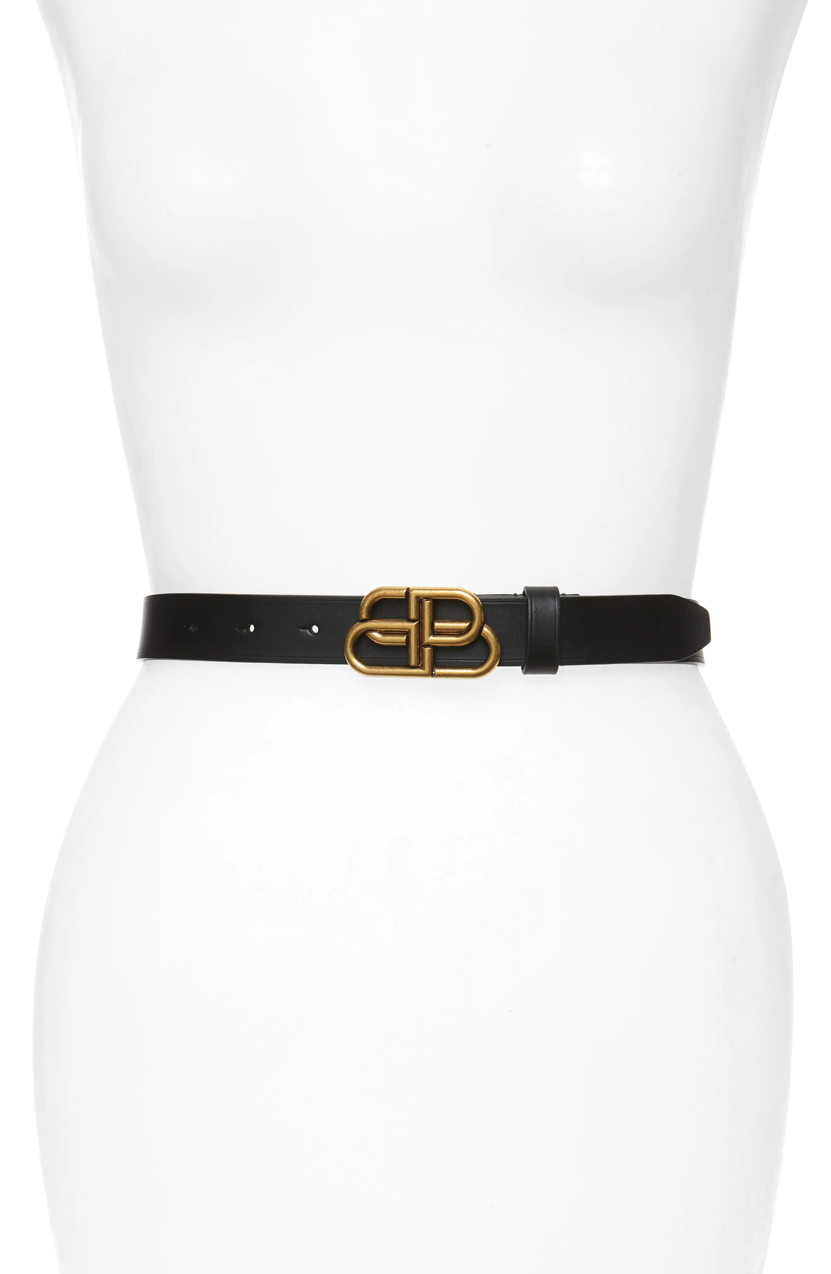 Logo Buckle Slim Leather Belt in Black/Gold - 1