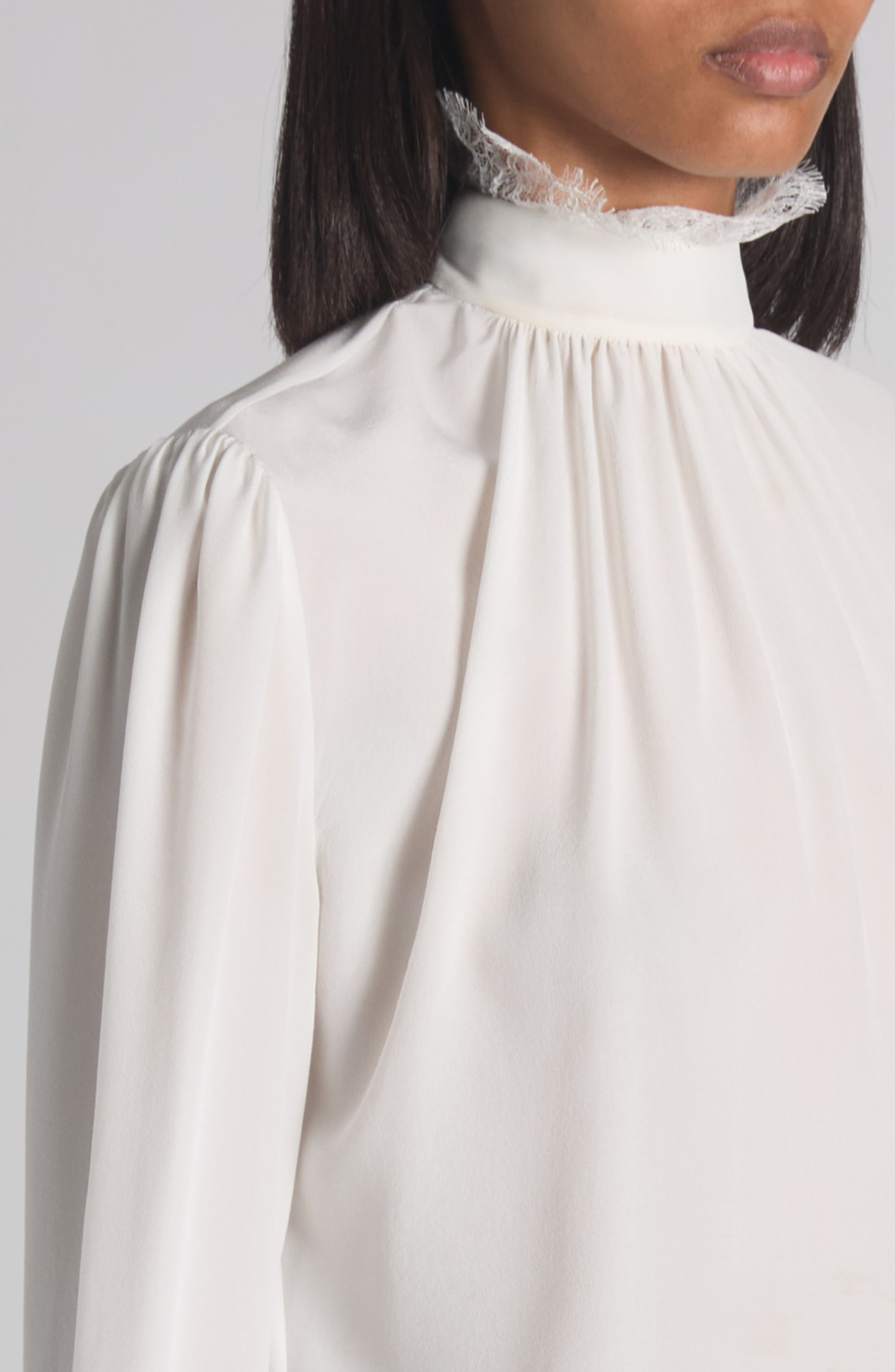 McQueen Lace Insert Silk Crêpe de Chine Top in Light Ivory at Nordstrom - 5