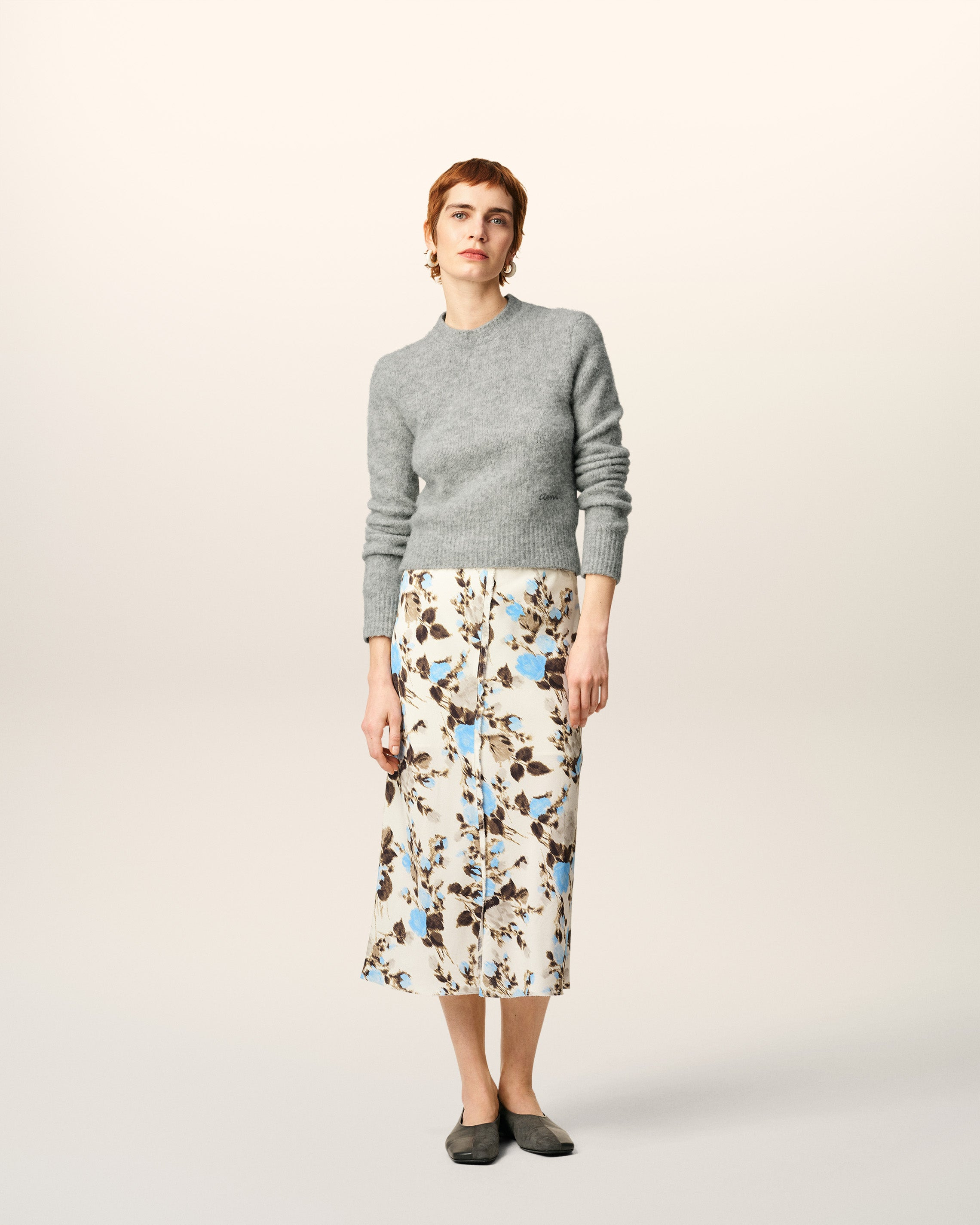BLUE FLOWER PRINTED  RAW EDGES DETAILS MIDI SKIRT - 2