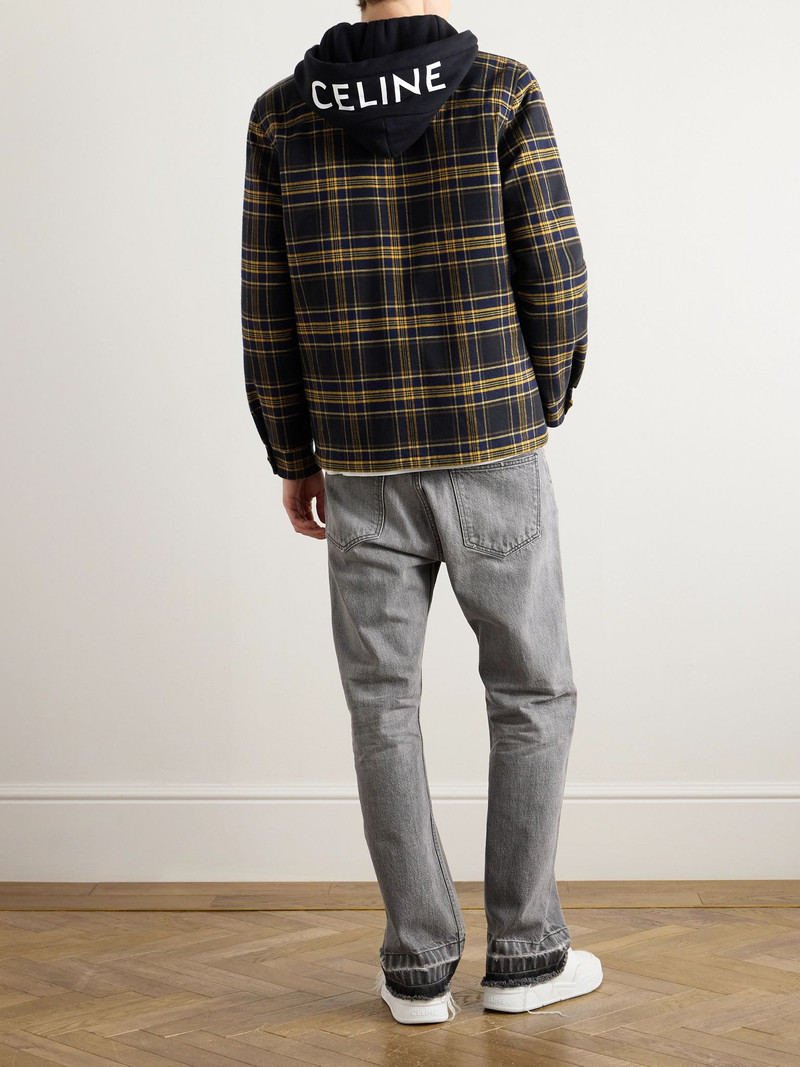 CELINE Logo-Print Jersey and Checked Cotton-Flannel Hooded Overshirt Navy outlook
