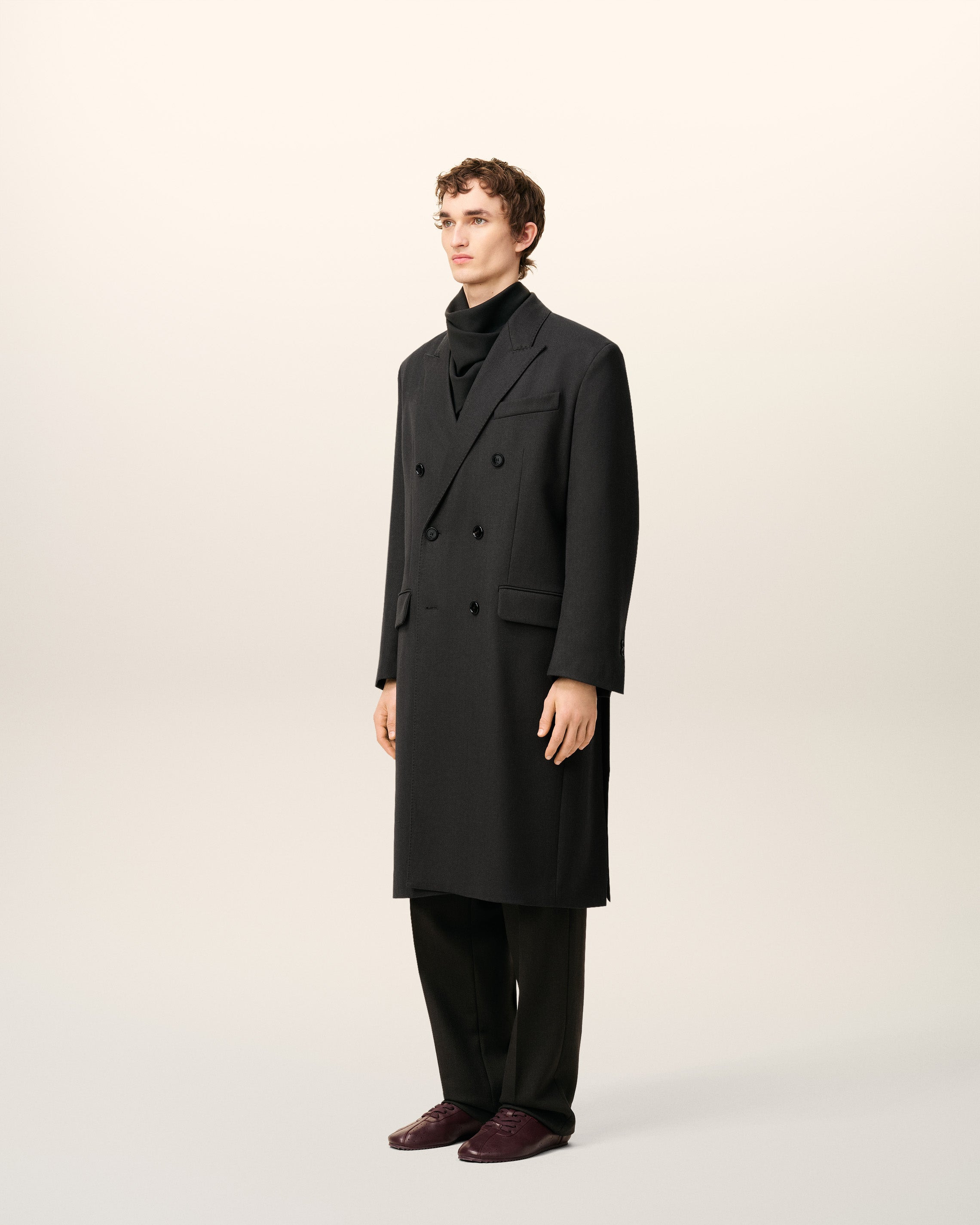 BLACK WOOL DOUBLE BREASTED STRAIGTH COAT - 6