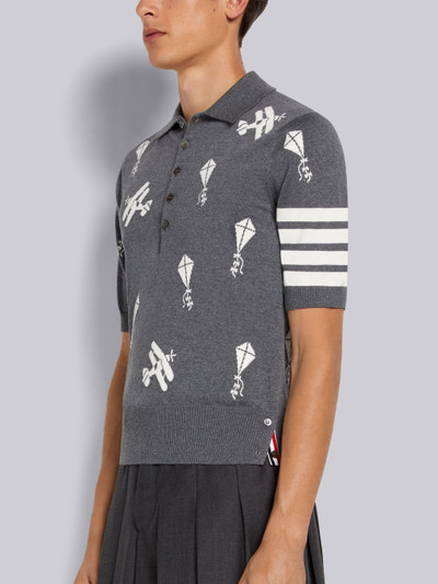 Thom Browne Medium Grey Fine Merino Wool Half Drop Sky Icons 4-Bar Relaxed Fit Polo outlook