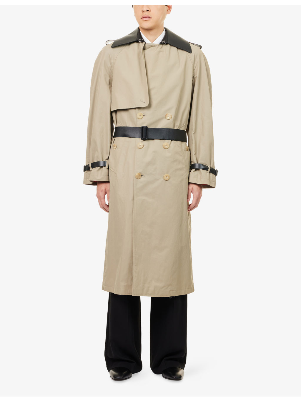 Double-Breasted Contrast Cotton Blend Trench Coat - 3