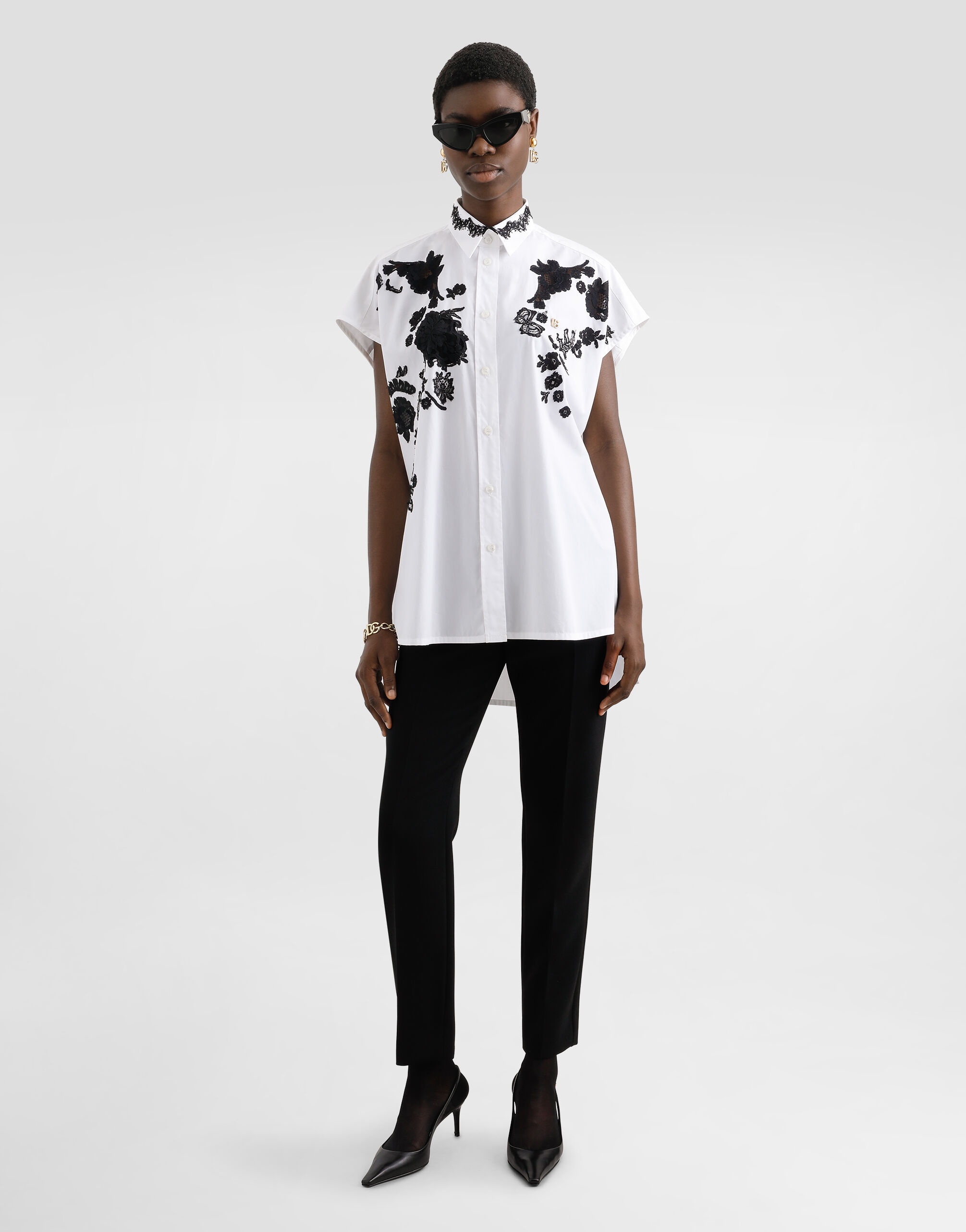 Oversize cotton poplin shirt with lace appliqués - 2