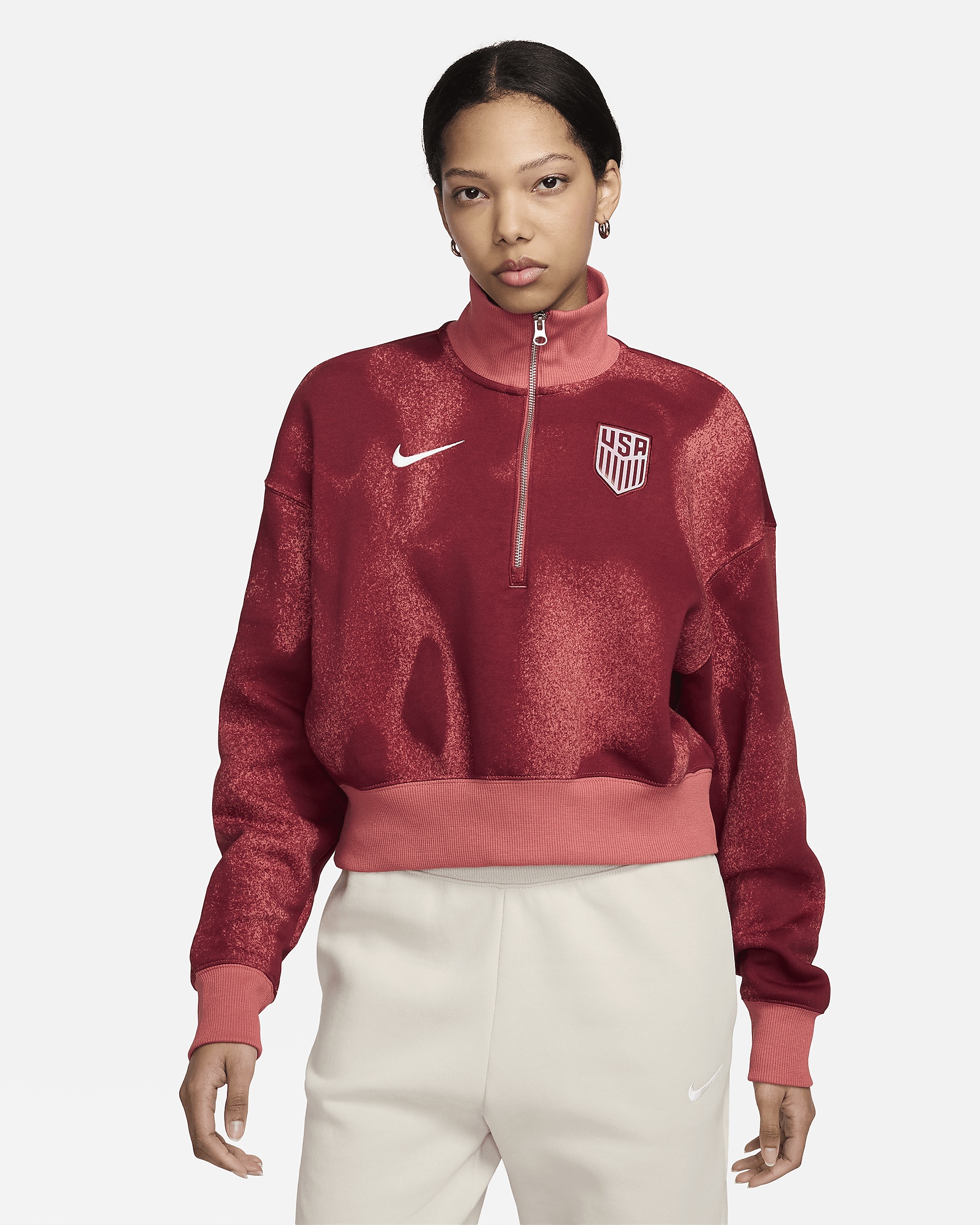 USMNT Phoenix Fleece Nike Women's Soccer Oversized 1/2-Zip Crop Sweatshirt - 1