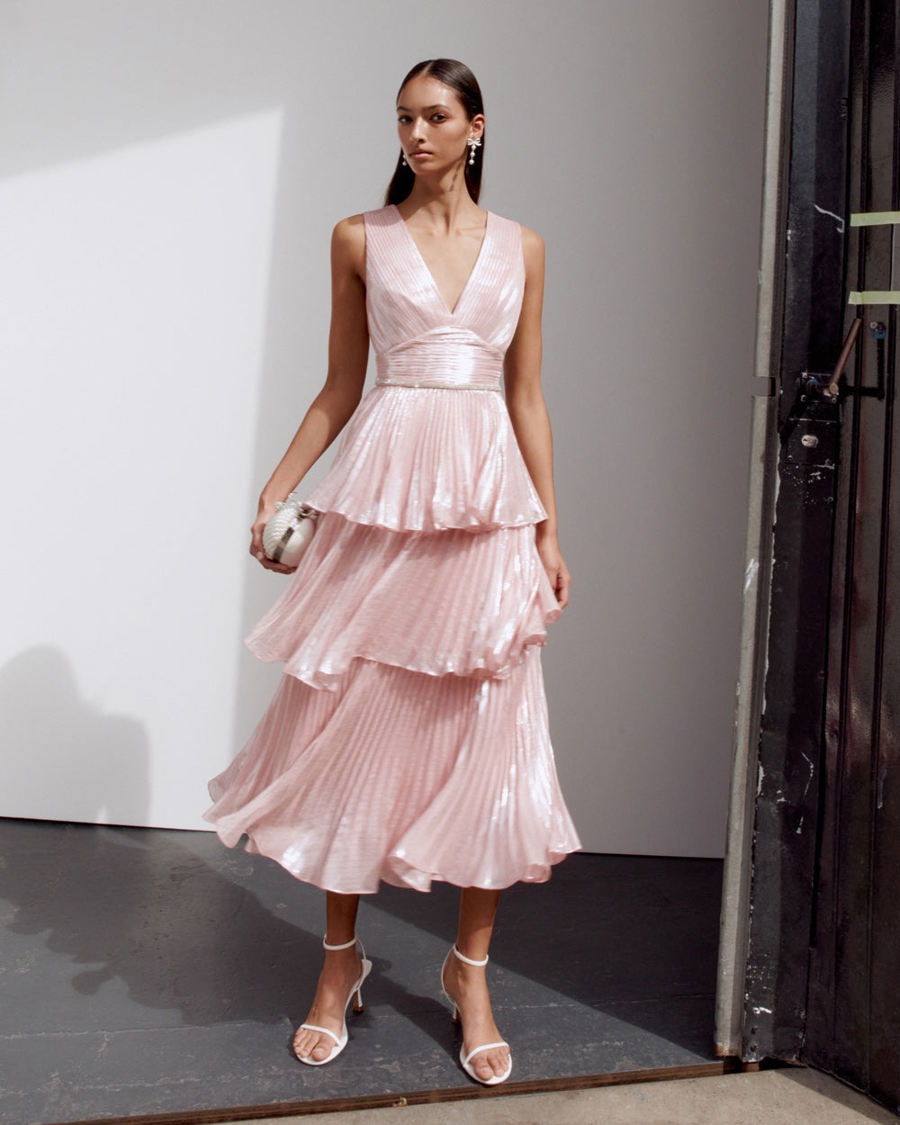 Pink Metallic Tiered Midi Dress - 6