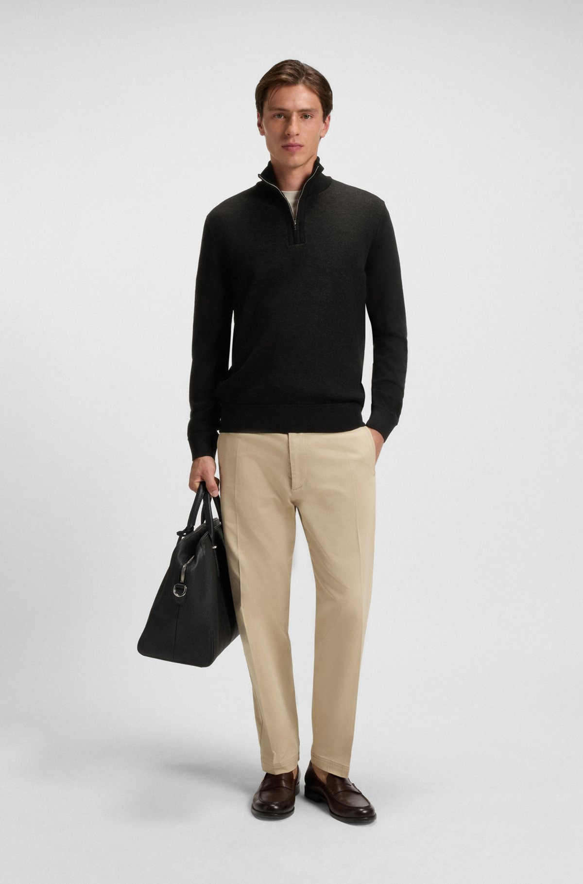 ZIP-NECK SWEATER WITH STRUCTURED WOOL-COTTON FRONT - 4