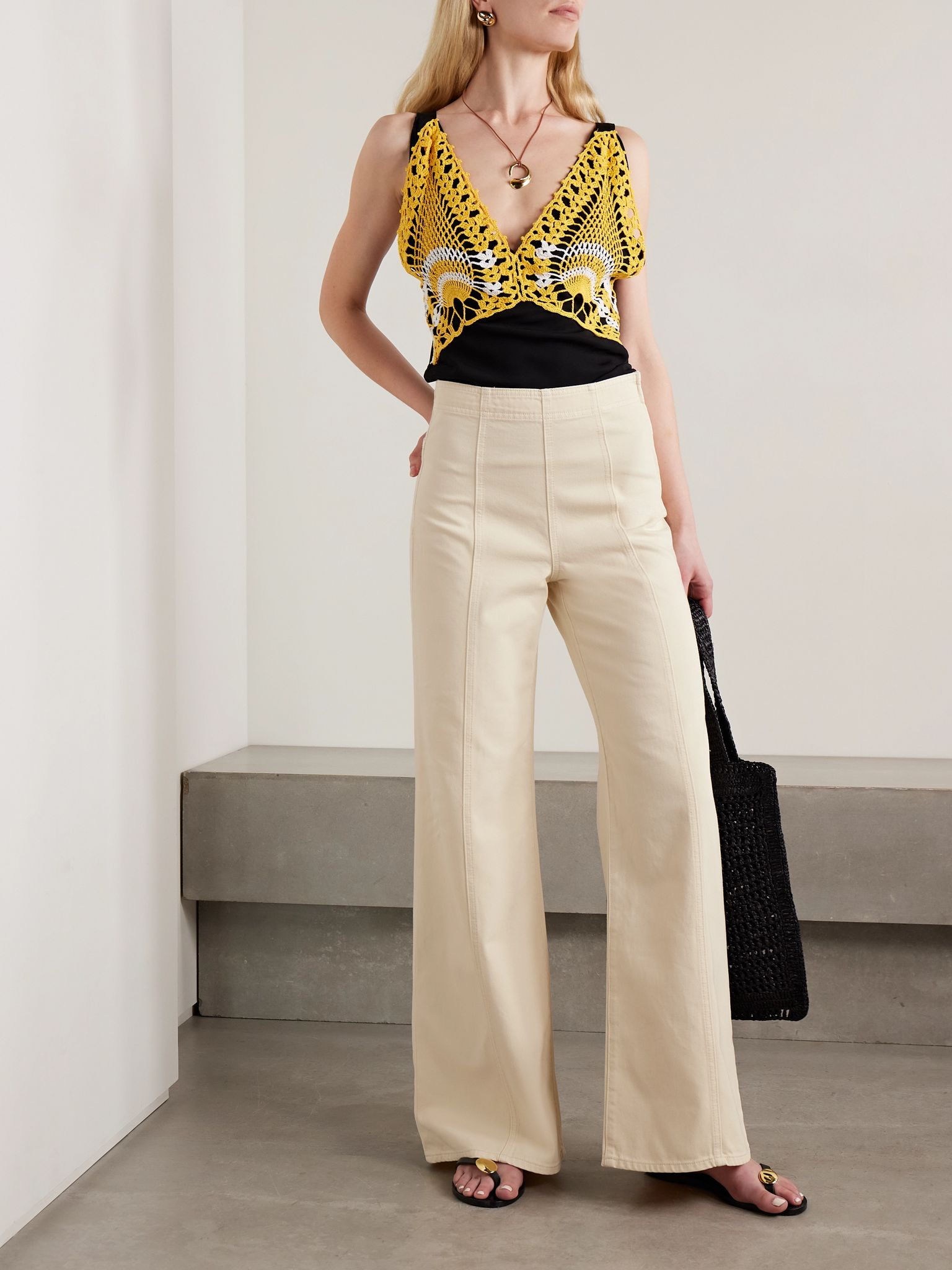 The Bianca paneled high-rise wide-leg jeans Cream - 2