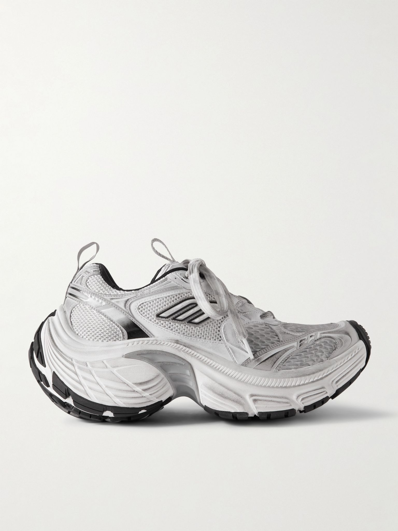 10XL Distressed Metallic Mesh and Leather Sneakers Gray - 1