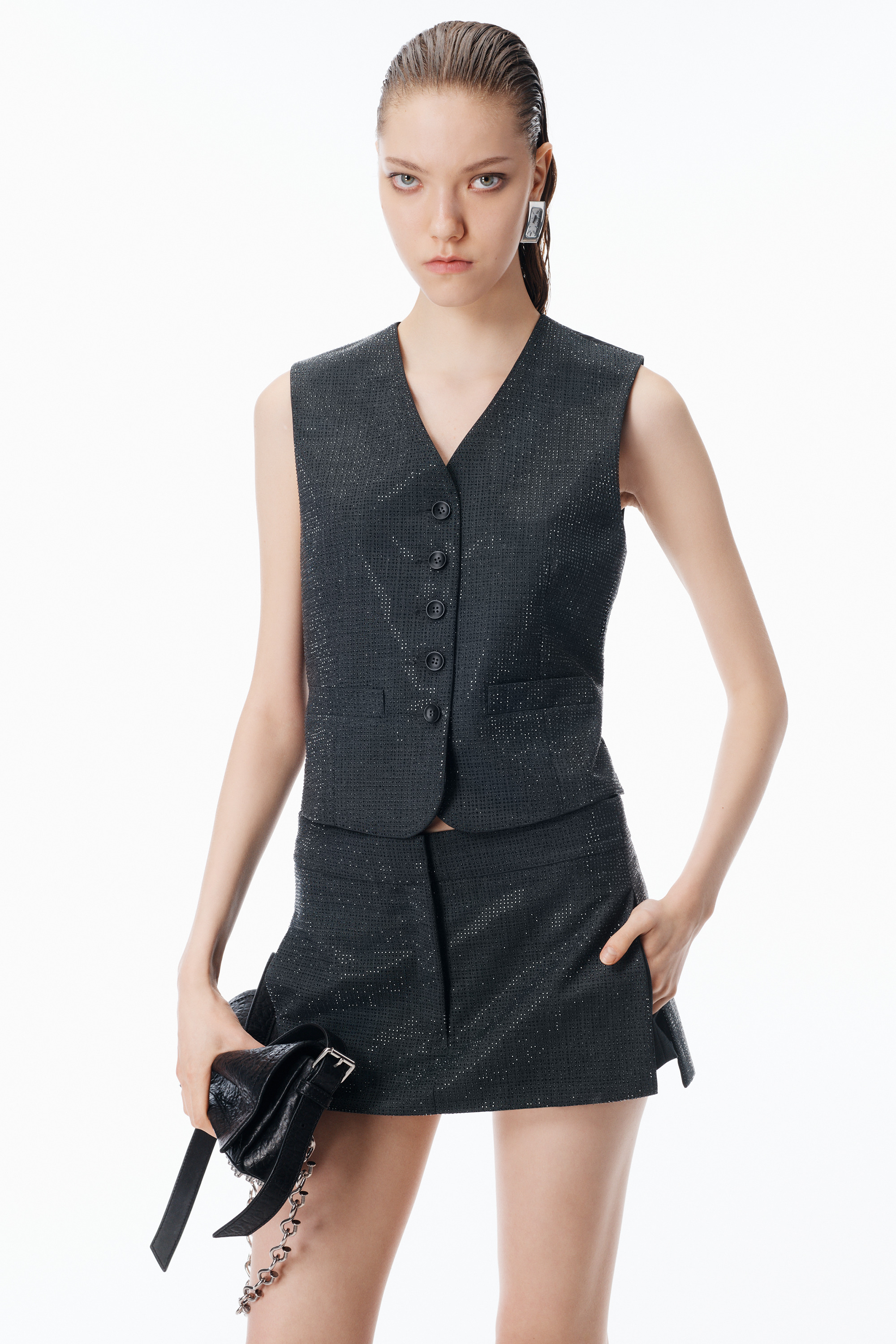 Crystal Hotfix Skort in Wool Mohair - 3