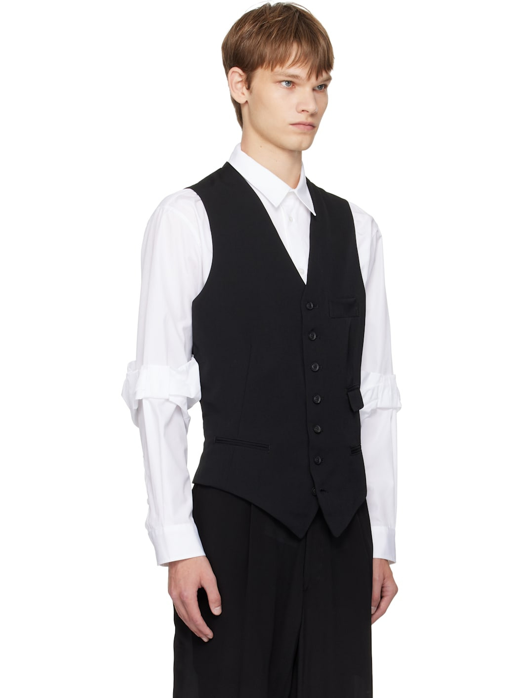 Black Wool Gabardine 7Buttons Waistcoat - 2
