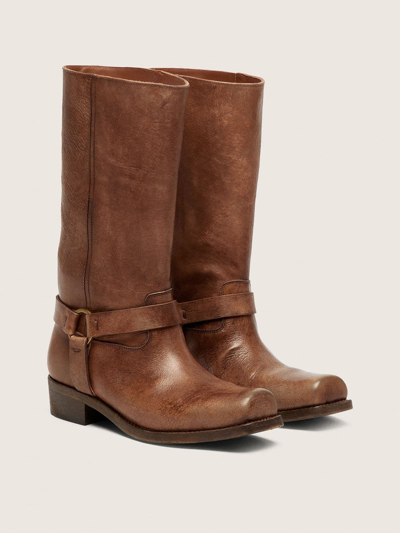 Golden Goose Women's high Biker boots in brown leather with strap and antique gold-colored buckle outlook