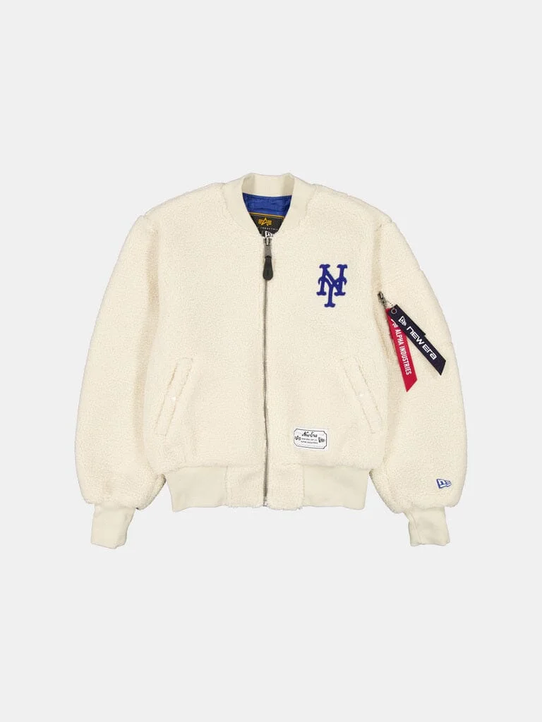 NEW YORK METS X ALPHA X NEW ERA MA-1 SHERPA BOMBER JACKET WOMENS - 1