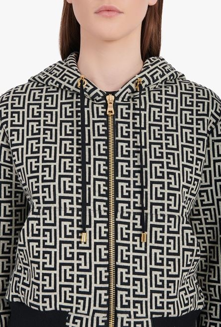 Cropped hooded cotton sweatshirt with ivory and black Balmain monogram - 6